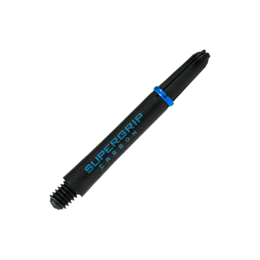HR364_Harrows_Supergrip_Carbon_Shafts_Aqua_40mm_2 Dies ist ein Harrows Supergrip Carbon Shaft in der Farbe Aqua. Der Schaft ist schwarz mit blauer Aufschrift und einem blauen Ring.