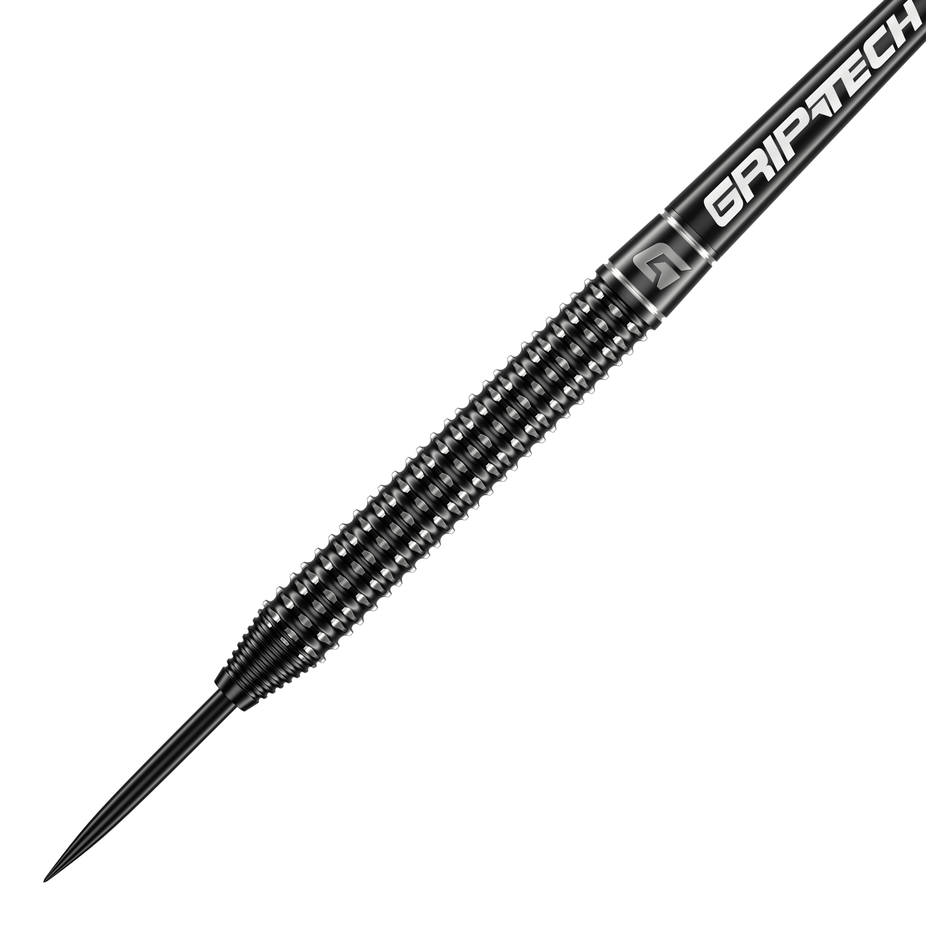 Freccette in acciaio al tungsteno GOAT Sprocket Das Bild zeigt einen GOAT Sprocket Tungsten Steeldart mit einem schwarzen, strukturierten Griff. Auf dem Schaft steht in weißer Schrift das Wort "GRIPTECH".