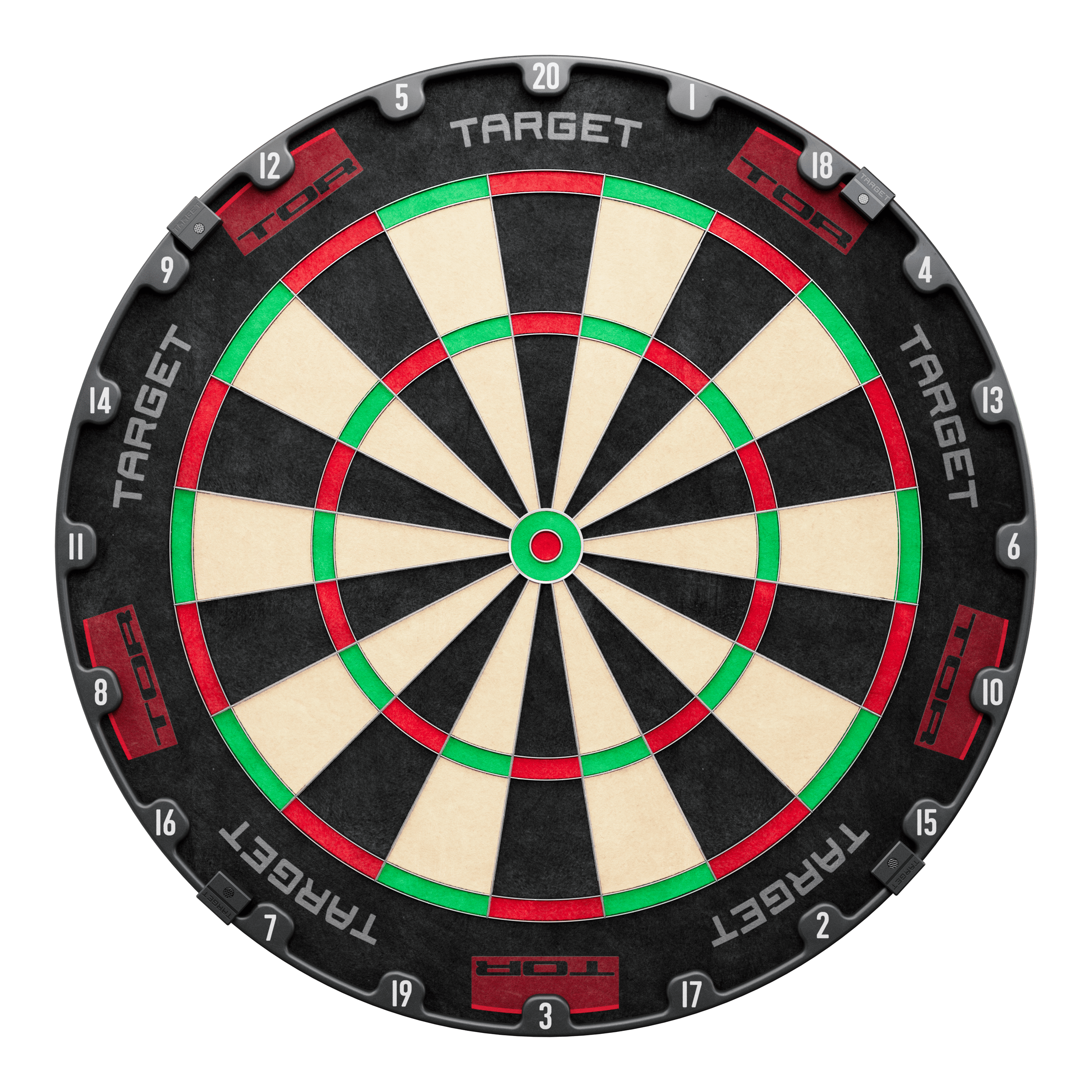 Target per freccette in acciaio Target TOR Target TOR Steeldartboard ist als rundes Dartboard klar abgebildet. Die Segmente und Zahlen sind sichtbar.