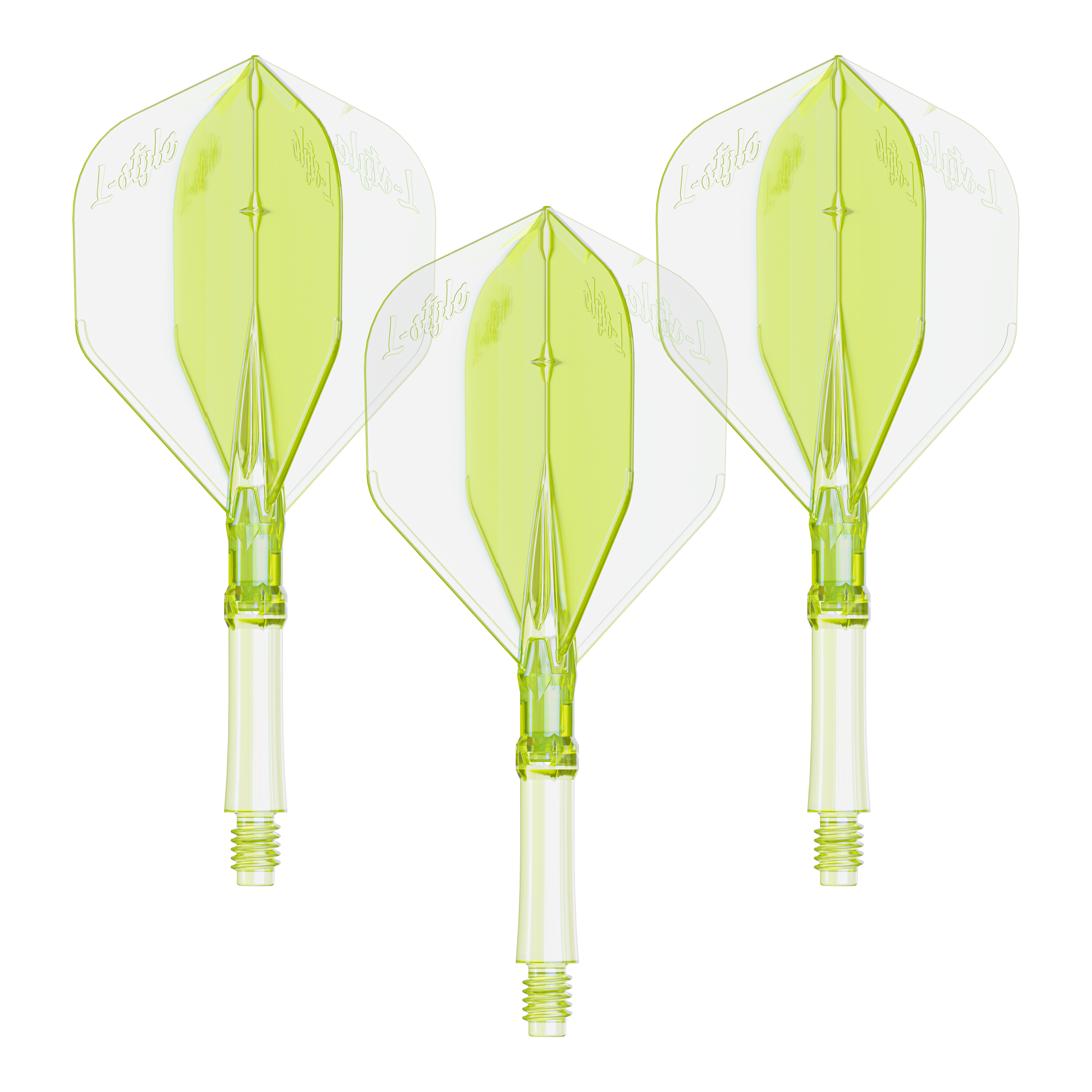 Hier ist ein Set Dart Flights in Neon-Gelb, mittlere Größe zu sehen. Die Flights sind für das L-Style L-System bestimmt.
