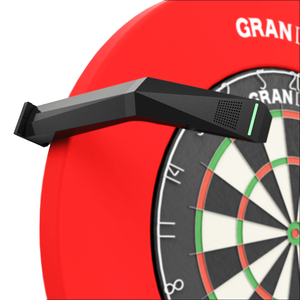 Sistema di punteggio automatico GranDarts Gran Eye GEN2 Steeldart Das Bild zeigt das GranDarts GranEye Steeldart Auto-Scoring-System, das über einem Dartboard installiert ist. Das schwarze Gerät erkennt automatisch die Treffer auf der Dartscheibe und wertet sie aus.