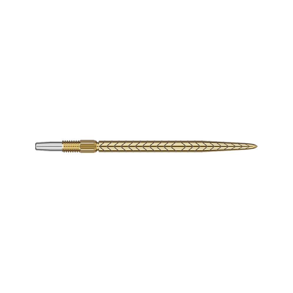 Punte per freccette Target Swiss Point RVE - Oro Das Bild zeigt eine goldfarbene Dartspitze mit einem feinen, eingravierten Muster. Die Spitze ist lang und hat ein elegantes, schlankes Design.