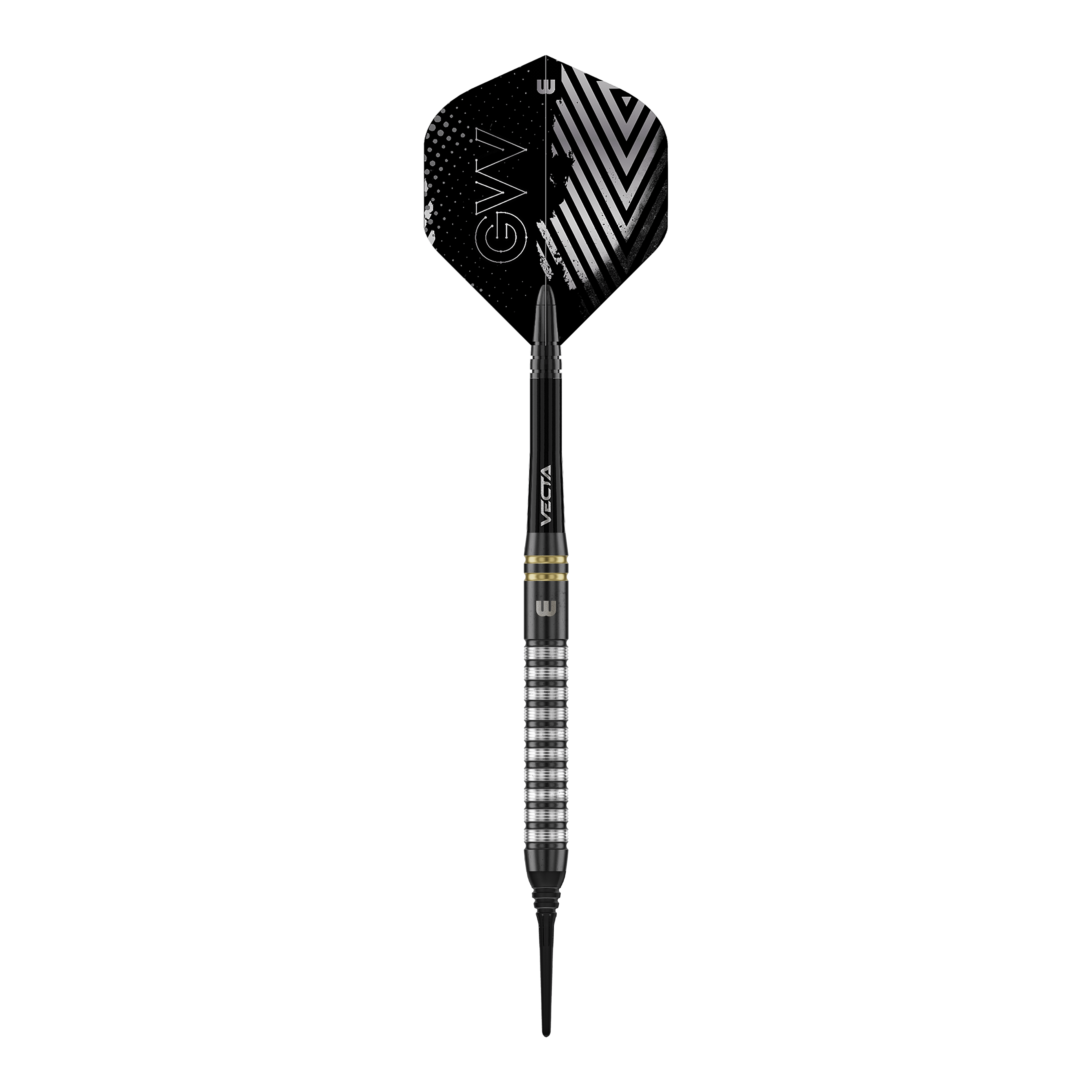 Winmau Gian Van Veen TS freccette morbide - 18g Winmau Gian Van Veen TS Softdarts mit 18g werden aus der Nähe gezeigt. Ein einzelner Dartpfeil liegt im Fokus des Bildes.