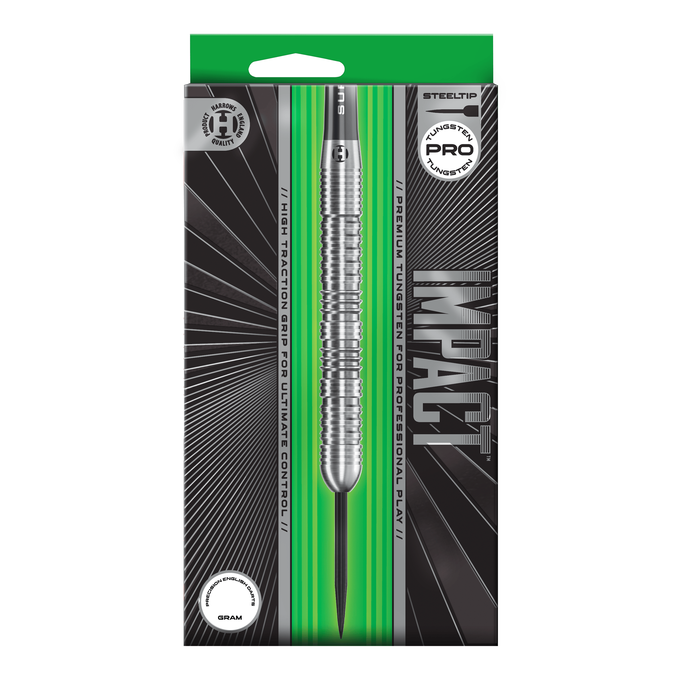 Freccette in acciaio Harrows Impact Abgebildet sind Harrows Impact Steeldarts aus einer anderen Perspektive. Die Darts wirken robust und professionell.