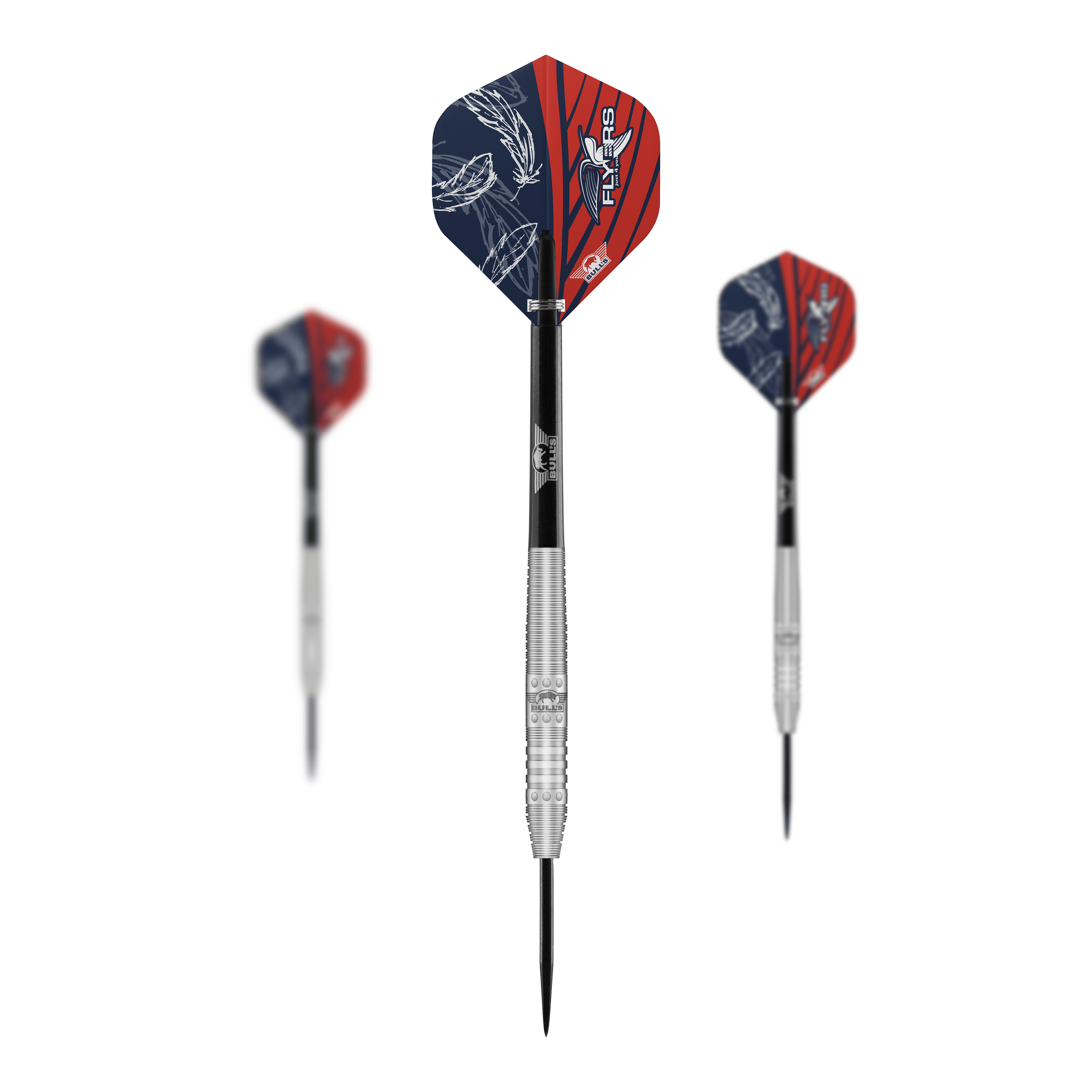Bulls NL Richard Veenstra 80 freccette in acciaio - 23 g Das Bild zeigt drei Steeldarts des Modells "Bulls NL Richard Veenstra 80" mit 23g Gewicht. Die Flights sind rot-blau gestaltet und auf dem mittleren Dart ist das Logo gut zu erkennen.