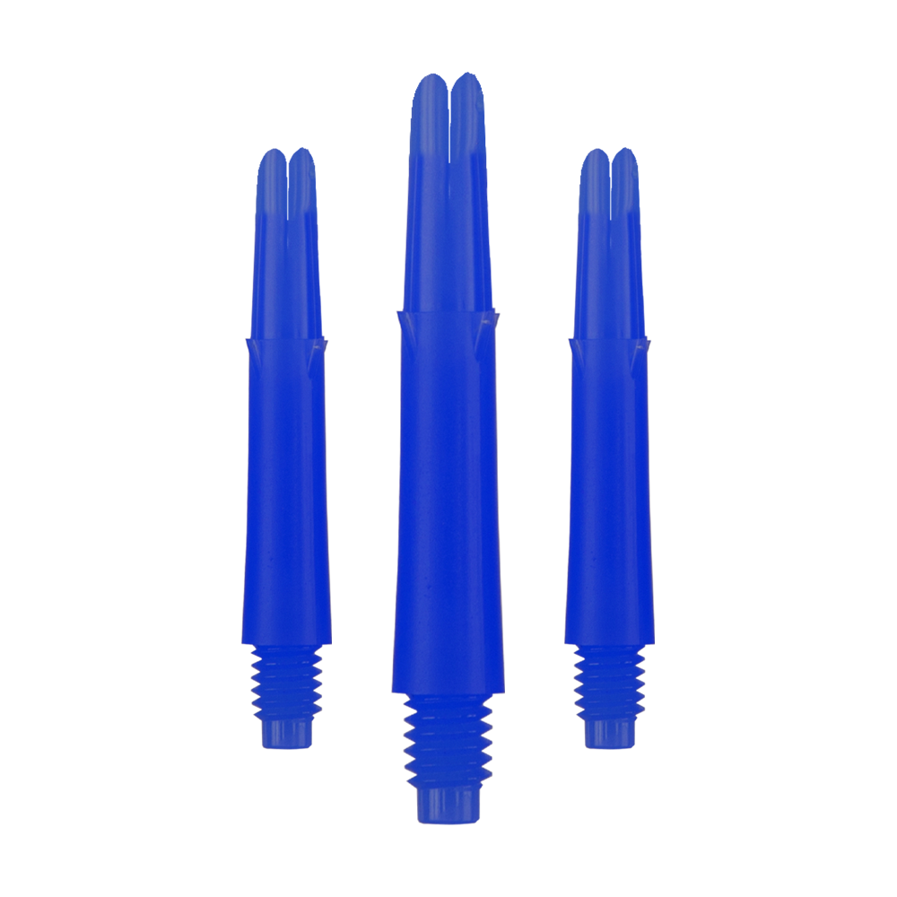 Alberi a L bloccati dritti - Blu Auf dem Bild sind drei blaue Dartschäfte in unterschiedlicher Höhe zu sehen. Sie haben ein gerades Design und ein Gewinde am unteren Ende.