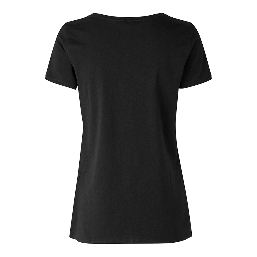 T-shirt da donna Barili e Alberi - Nera Das Bild zeigt ein schwarzes Damen-T-Shirt von hinten. Das T-Shirt hat einen einfachen, klassischen Schnitt ohne sichtbare Aufdrucke oder Muster.