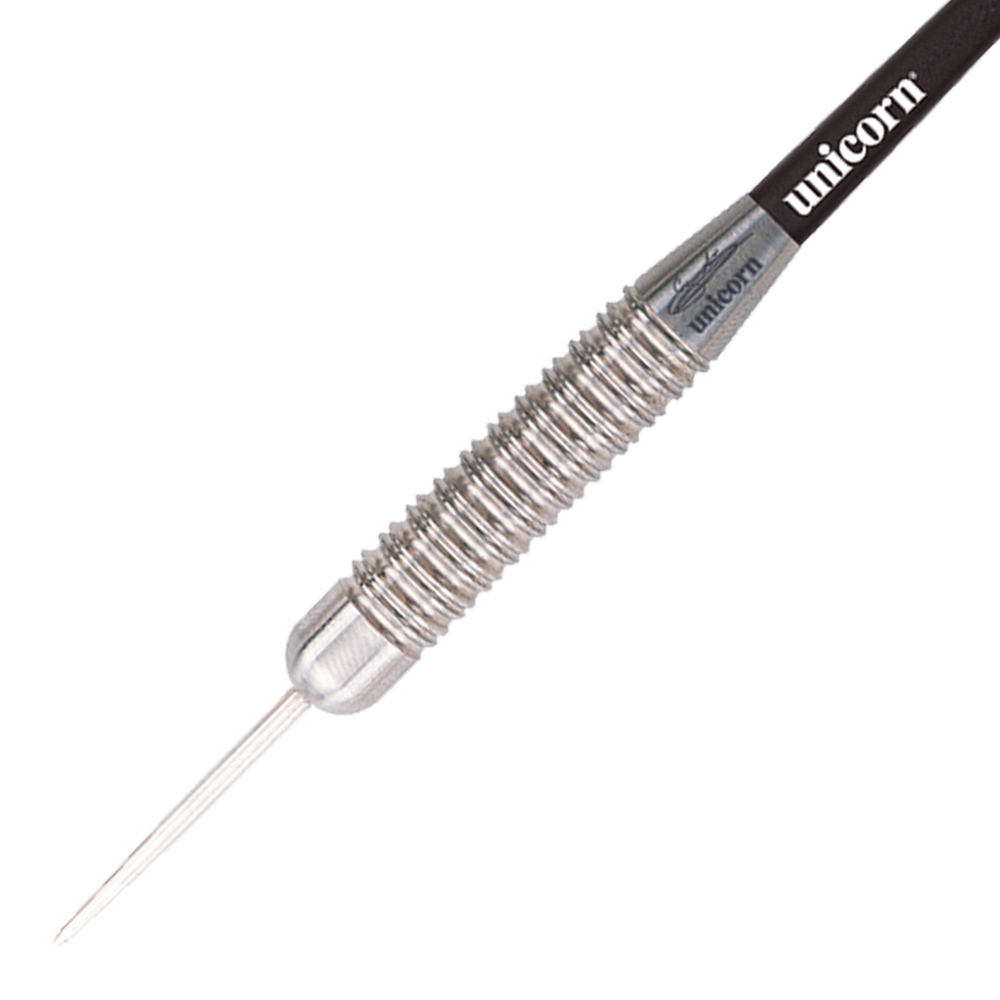 27520_Unicorn_Bullet_Gary_Anderson_Steeldarts_2 Auf dem Bild ist ein Unicorn Bullet Gary Anderson Steeldart mit einem Gewicht von 22 Gramm zu sehen. Der Dartpfeil hat ein silbernes, geriffeltes Griffstück und einen schwarzen Schaft mit dem Schriftzug "unicorn".