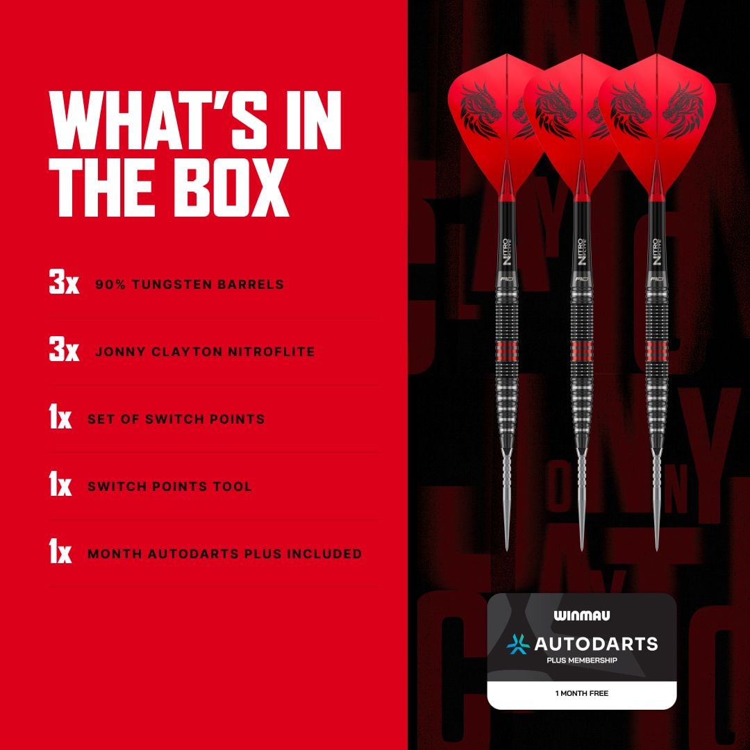 Freccette in acciaio Switch Point Red Dragon Jonny Clayton RD-PRO Die Aufnahme zeigt Red Dragon Jonny Clayton RD-PRO Switch Point Steeldarts aus einer anderen Perspektive. Die feine Struktur und Form der Darts ist erkennbar.