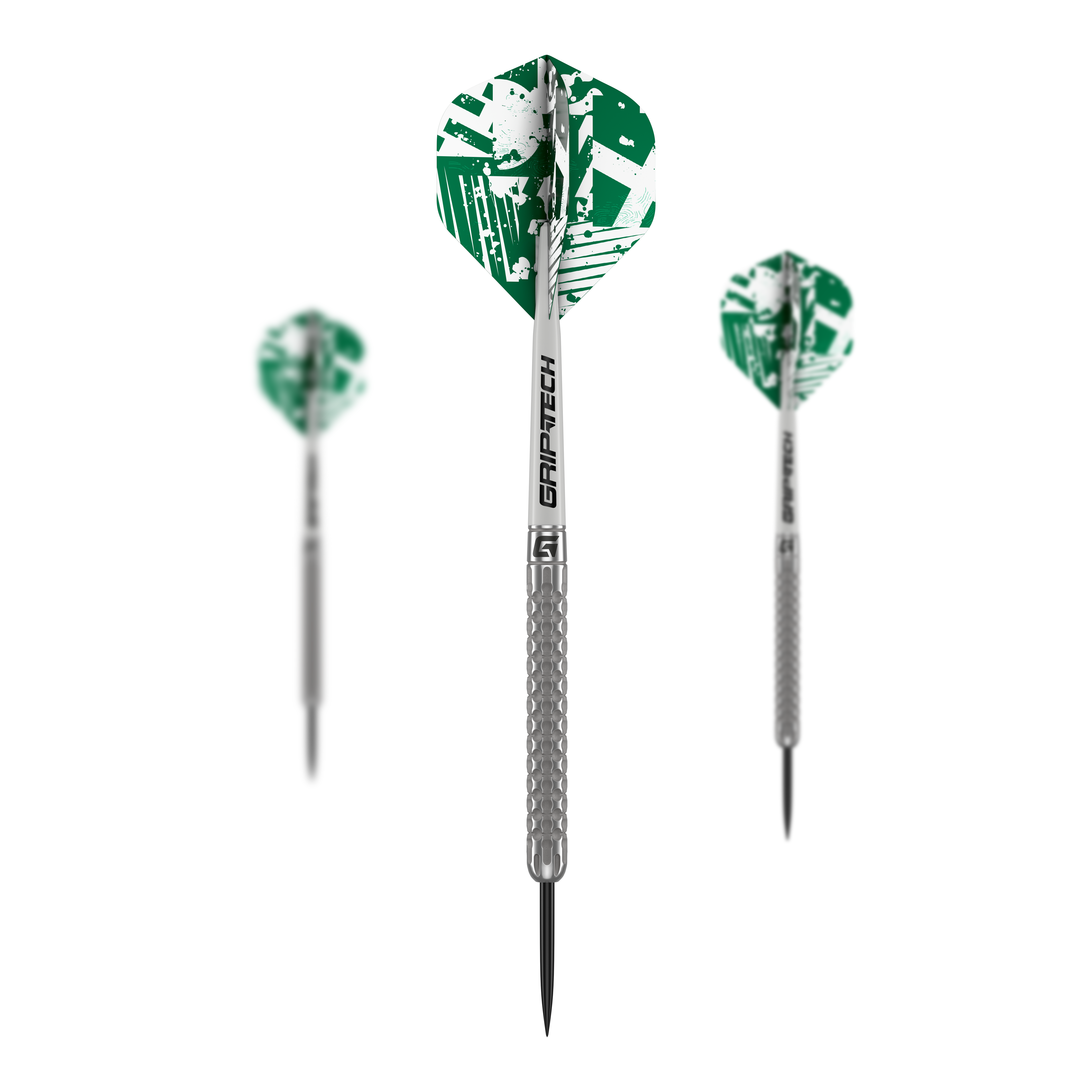 Freccette in acciaio al tungsteno GOAT Fairway V1 Das Bild zeigt drei GOAT Fairway V1 Tungsten Steeldarts mit grünen und weißen Flights. Die Darts haben silberne Griffe mit strukturiertem Muster und schwarzer Spitze.