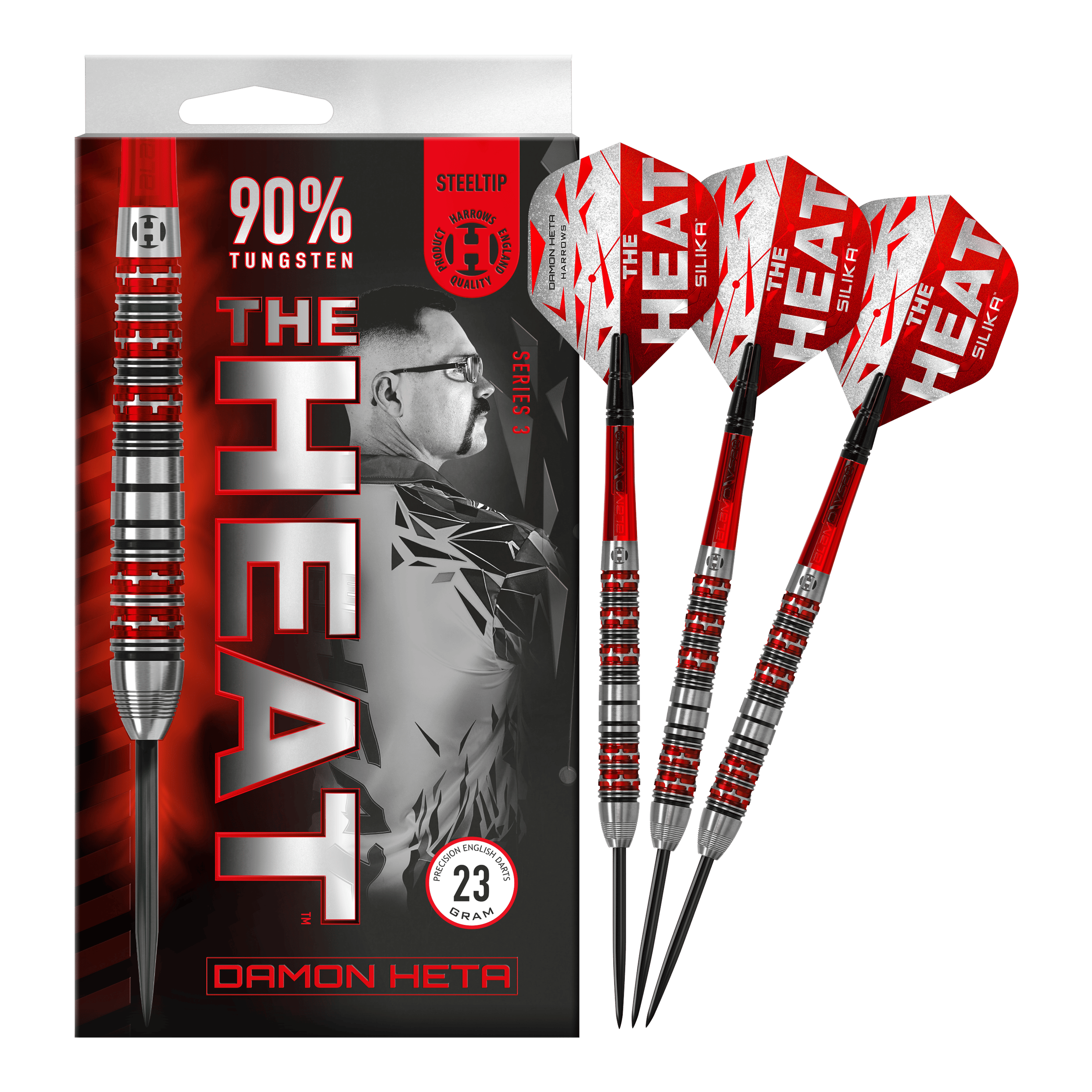 Freccette in acciaio Damon Heta Series 3 di Harrow Die Abbildung zeigt die Steeldarts "Harrows Damon Heta Series 3" mit auffälligem roten und silbernen Design. Auf der Verpackung steht, dass die Darts aus 90% Tungsten bestehen und 23 Gramm wiegen.