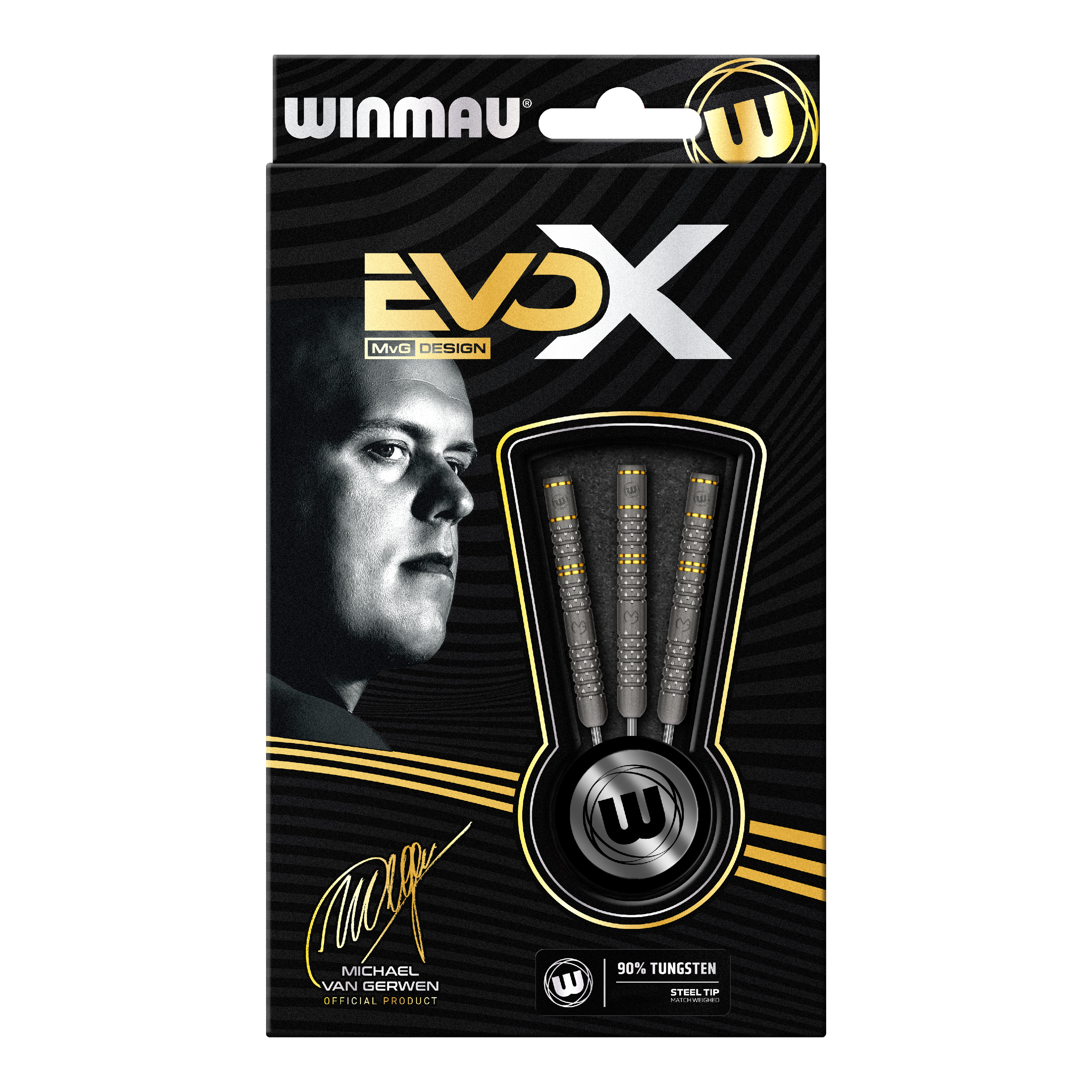 Freccette in acciaio Winmau Michael Van Gerwen Evo-X Die Verpackung zeigt die "Winmau Michael Van Gerwen Evo-X Steeldarts" mit stilvollem Design und prominenter Abbildung von Michael Van Gerwen. In der Packung sind drei Steeldarts mit 90% Tungsten-Anteil sichtbar.