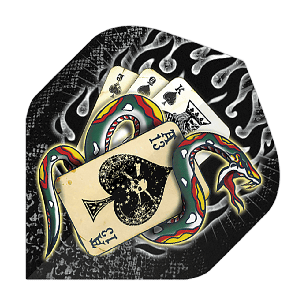 Alchemy Snake Of Spades No2 Voli Standard Das Bild zeigt ein buntes Schlangenmuster, das sich um eine Hand von Spielkarten windet. Im Hintergrund sind Flammen und ein schwarzer, strukturierter Hintergrund zu sehen.