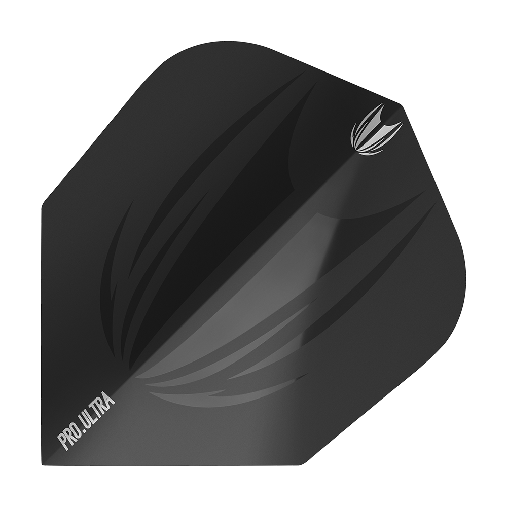 TG407_Target_ProUltra_ID_Black_No6_Flights_1 Das Bild zeigt das Produkt "Target ProUltra ID Black No6 Flights". Es handelt sich um ein schwarzes Dartflight mit dezentem Muster und dem Schriftzug "PRO.ULTRA" in der Ecke.