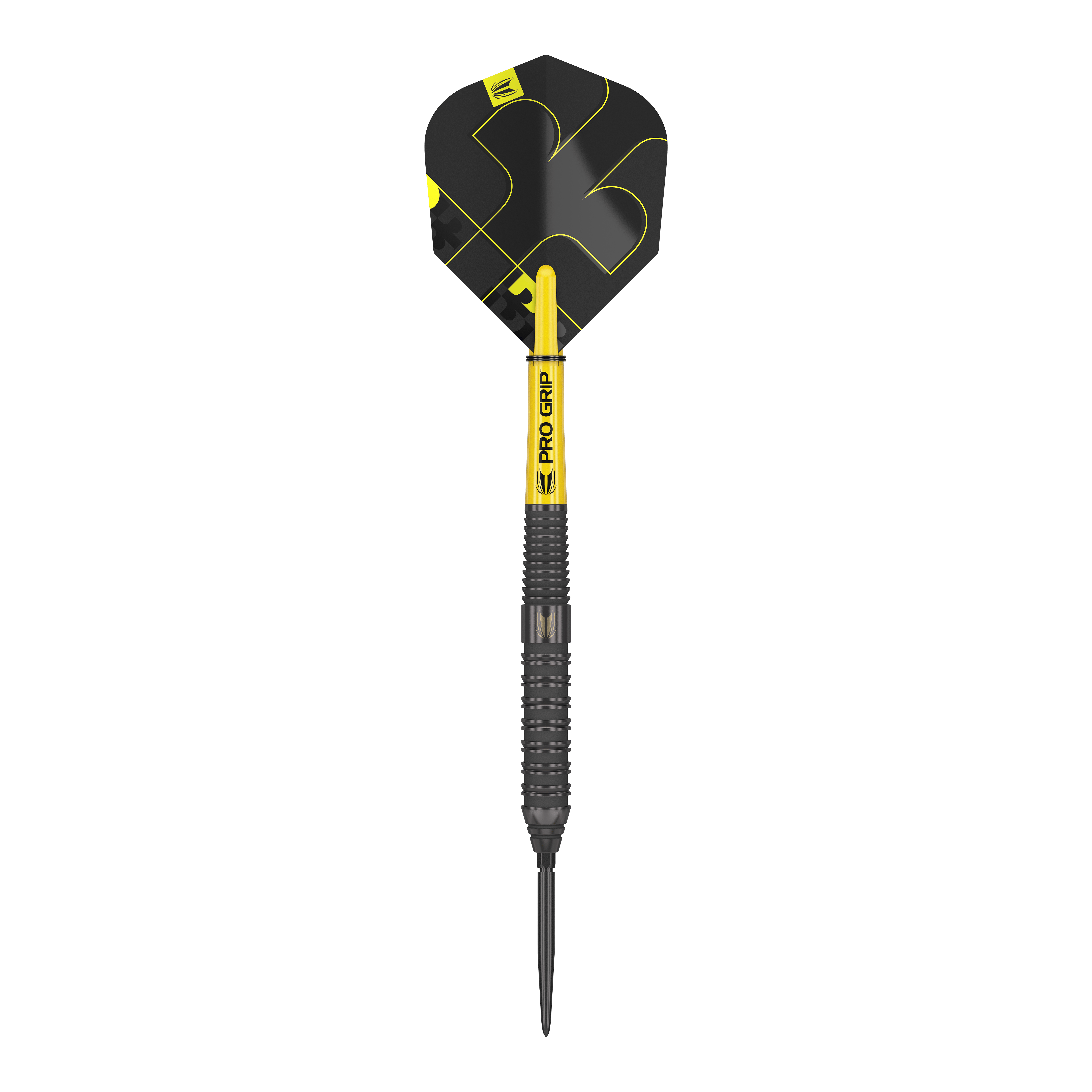 Freccette in acciaio Target Bolide Void 02 Swiss Point Das Bild zeigt einen Target Bolide Void 02 Swiss Point Steeldart. Der Dartpfeil ist schwarz mit gelben Akzenten und hat eine strukturierte Griffoberfläche.