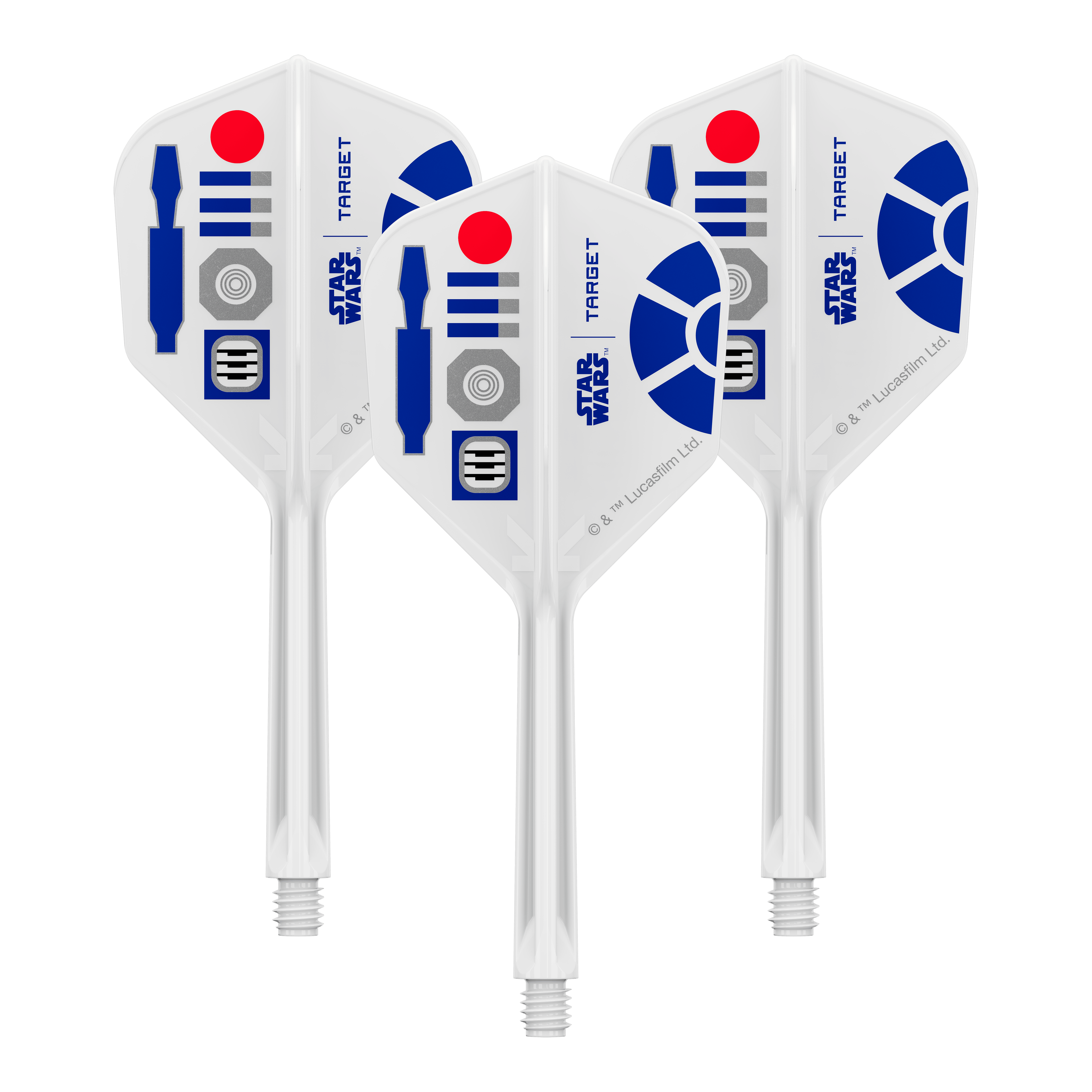 Voli Target Star Wars K-Flex R2D2 No6 Zu sehen ist ein Produkt mit dem Dateinamen 410512_Target_StarWars_KFlex_R2D2_No6_Flights_Medium_33mm_1Set. Vermutlich handelt es sich dabei um ein Set von Dart-Flights mit Star Wars Thema.