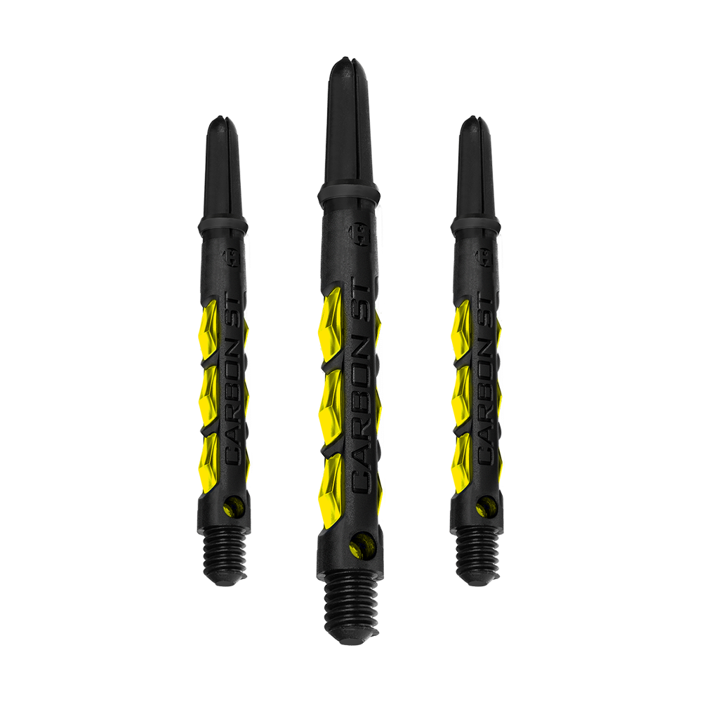 HR421_Harrows_Carbon_ST_Shafts_Gelb_47mm_1gzp8xbkzOZoUl Das Bild zeigt drei schwarze Dartschäfte mit gelben Akzenten der Marke "Harrows Carbon ST Shafts - Gelb". Auf den Schäften steht der Schriftzug "CARBON ST".