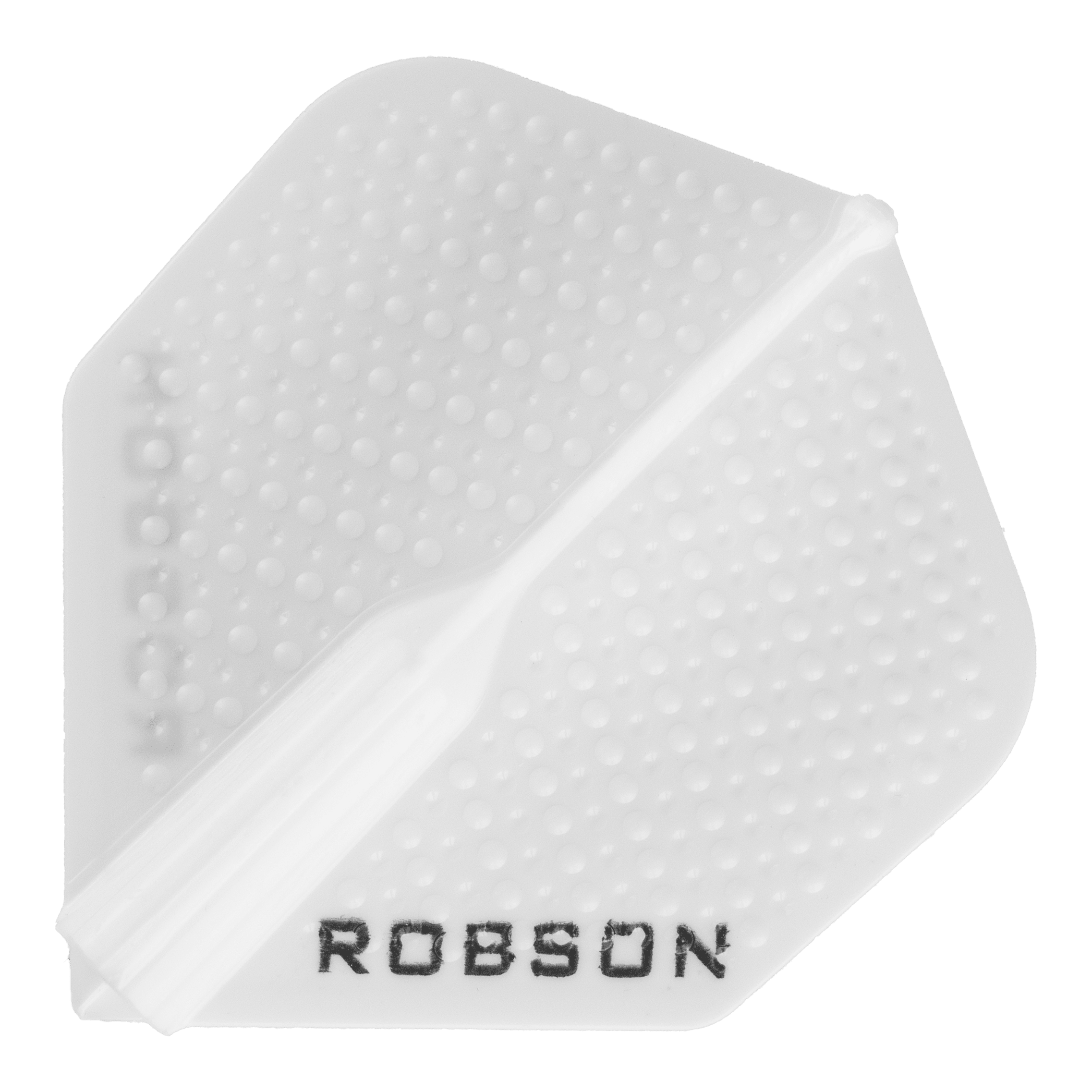 Robson Plus Dimple Flights - Weiß Das Bild zeigt einen weißen Robson Plus Dimple Flight für Dartpfeile. Auf dem Flight ist die Marke "ROBSON" in schwarzen Buchstaben zu sehen.