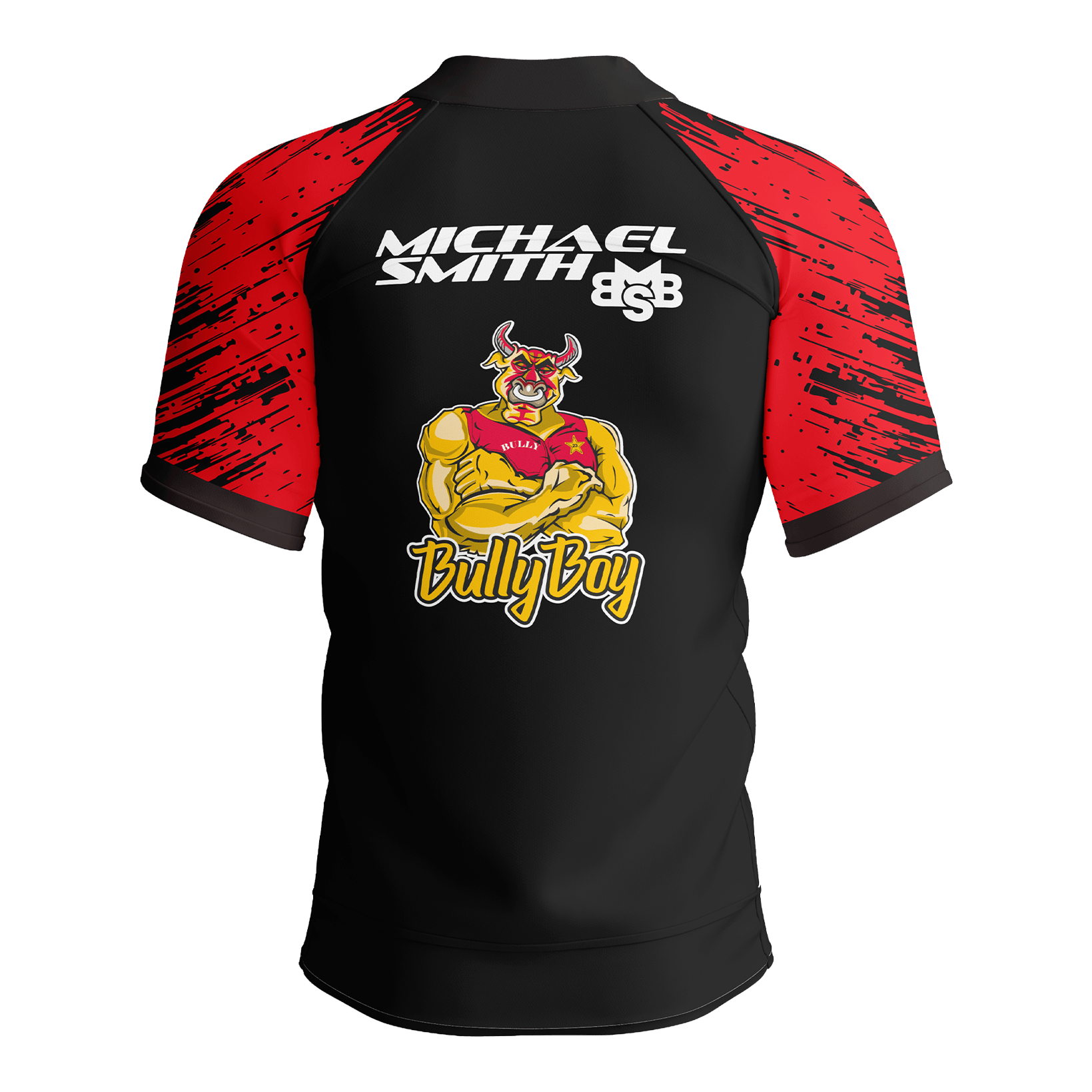 Camicia polo a righe rosse con freccette di Michael Smith Das Bild zeigt das Shot Michael Smith Red Strip Polo Dartshirt. Dieses Dartshirt ist speziell für Fans von Michael Smith entworfen.