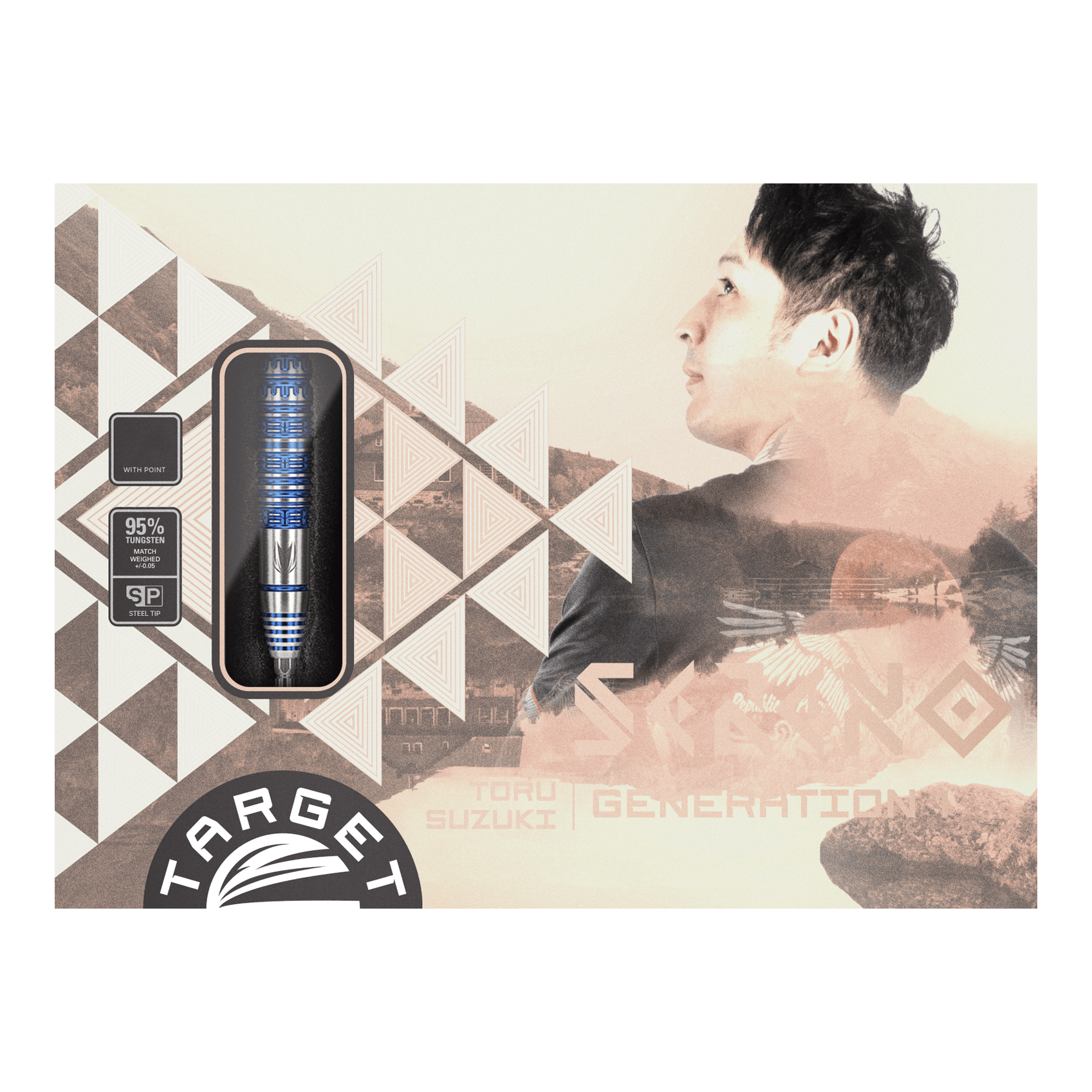 Target Japan Toru Suzuki Sereno GEN1 Swiss Point Steeldarts - 21 g Die Verpackung zeigt die Steeldarts "Target Japan Toru Suzuki Sereno GEN1 Swiss Point" mit einem Gewicht von 21g. Auf der rechten Seite ist eine Porträtaufnahme eines Mannes abgebildet.