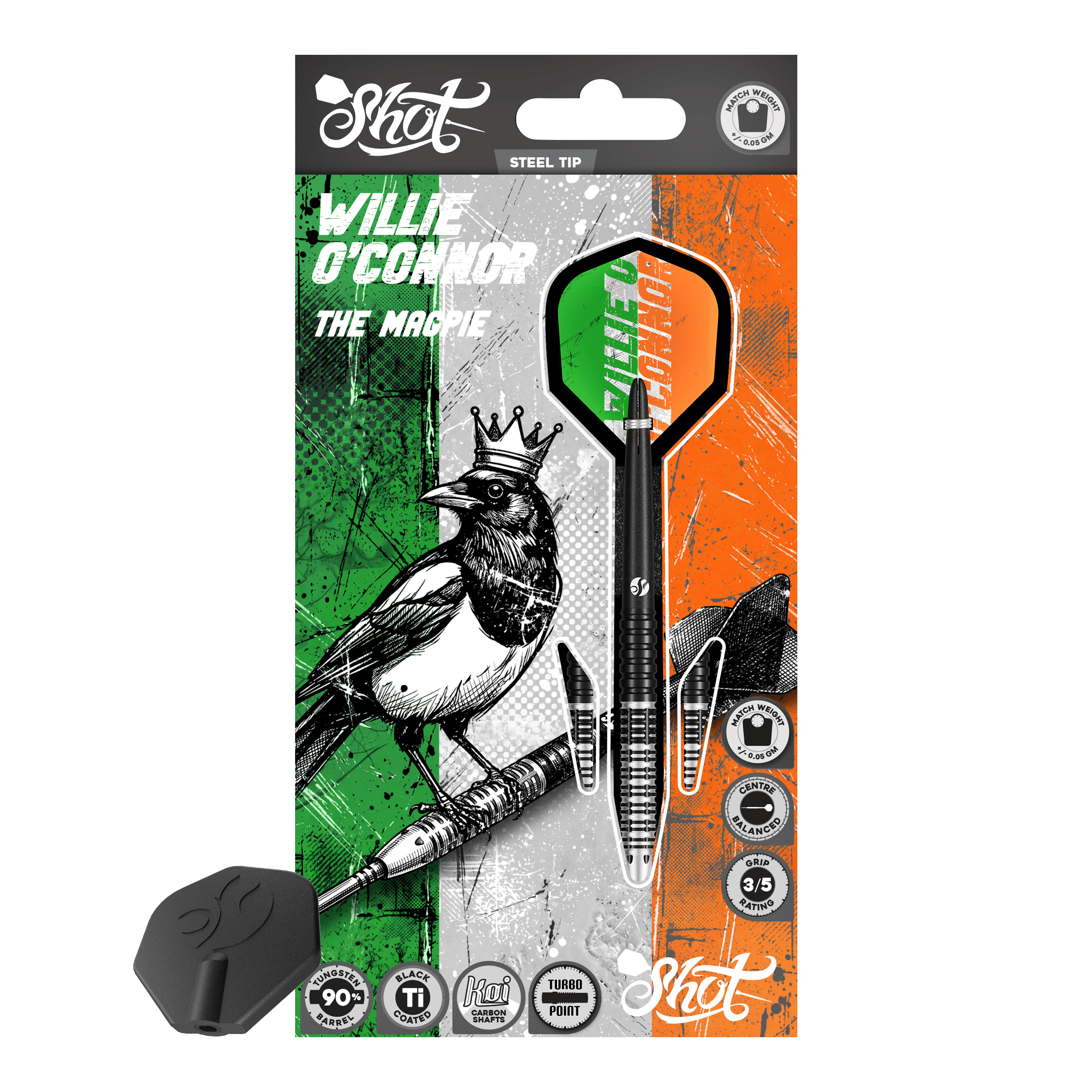 Shot Pro Series Willie O'Connor Magpie Turbo Point Steeldarts Shot Pro Series Willie O'Connor Magpie Turbo Point Steeldarts bestehen aus filigran gearbeiteten Dartpfeilen. Sie werden fächerförmig angeordnet gezeigt.