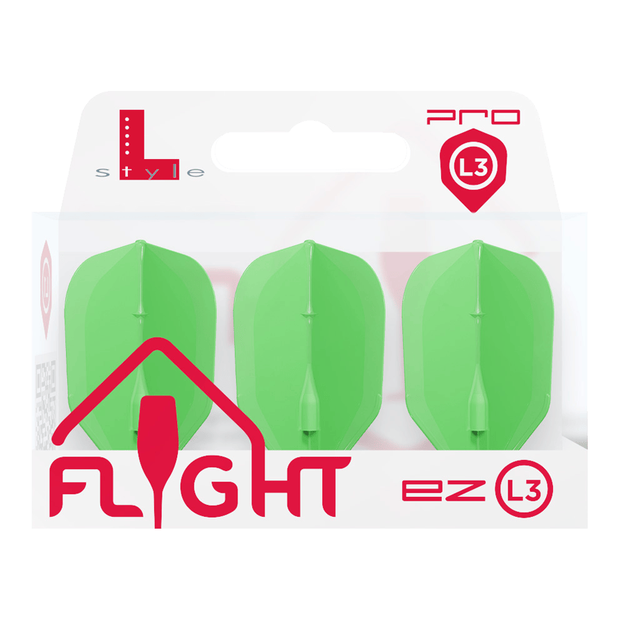 Voli L-L-Style3EZ Das Bild zeigt eine Packung mit drei neon-grünen Dartflights. Die Verpackung ist mit "L-Style Flight EZ L3" beschriftet.