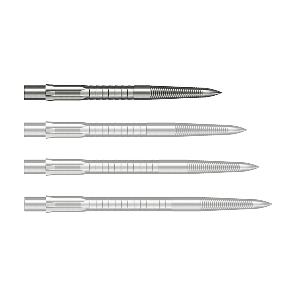 Abgebildet ist eine silberne Caliburn Evo System Steeldartspitze Micro Grip mit 28 mm Länge. Die Spitze liegt deutlich sichtbar auf einem hellen Hintergrund.