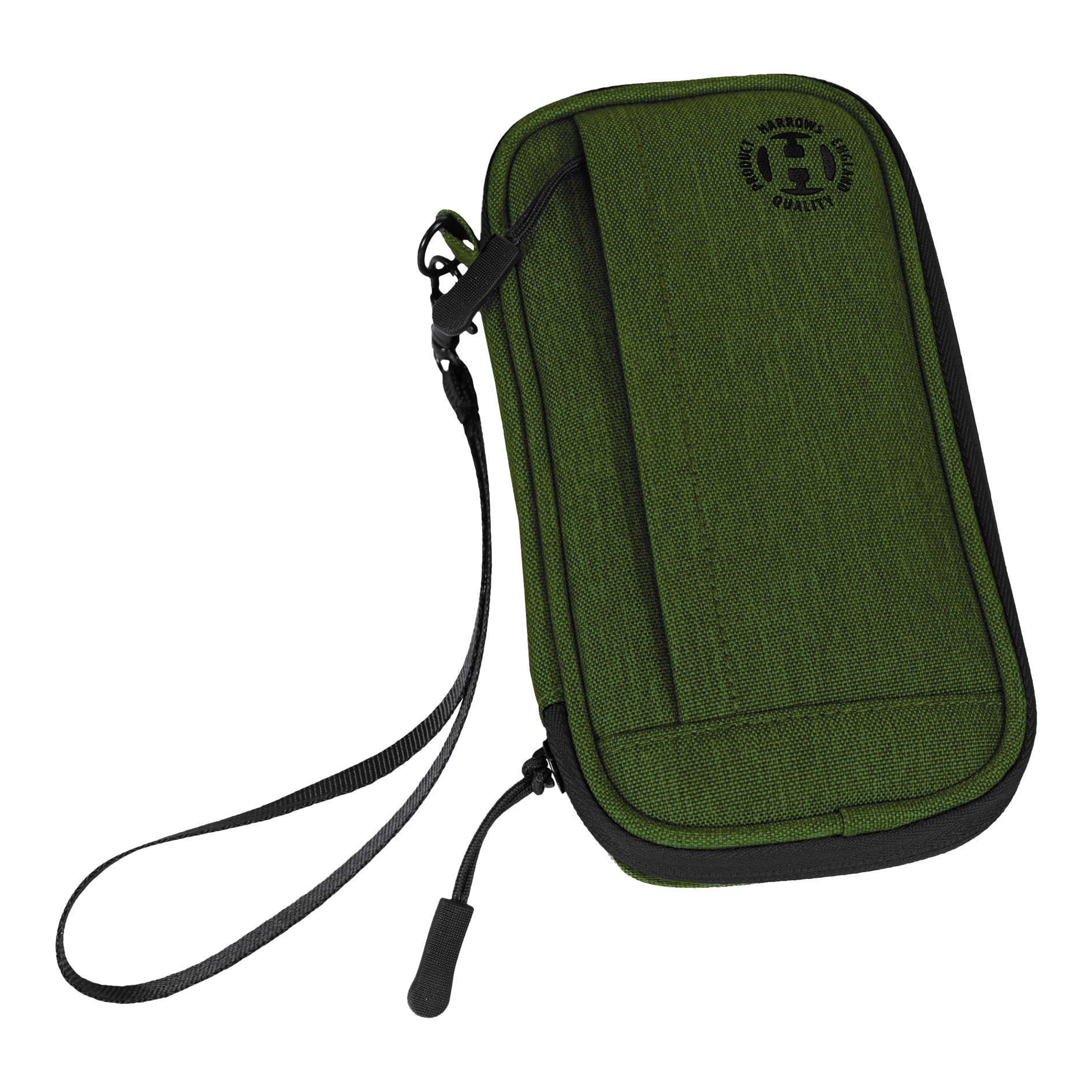 Portafoglio Smart Case Harrows Dies ist ein grünes Dart-Etui mit einem schwarzen Reißverschluss und einer Handschlaufe. Auf der Vorderseite befindet sich ein rundes Logo mit der Aufschrift "Harrows Quality".