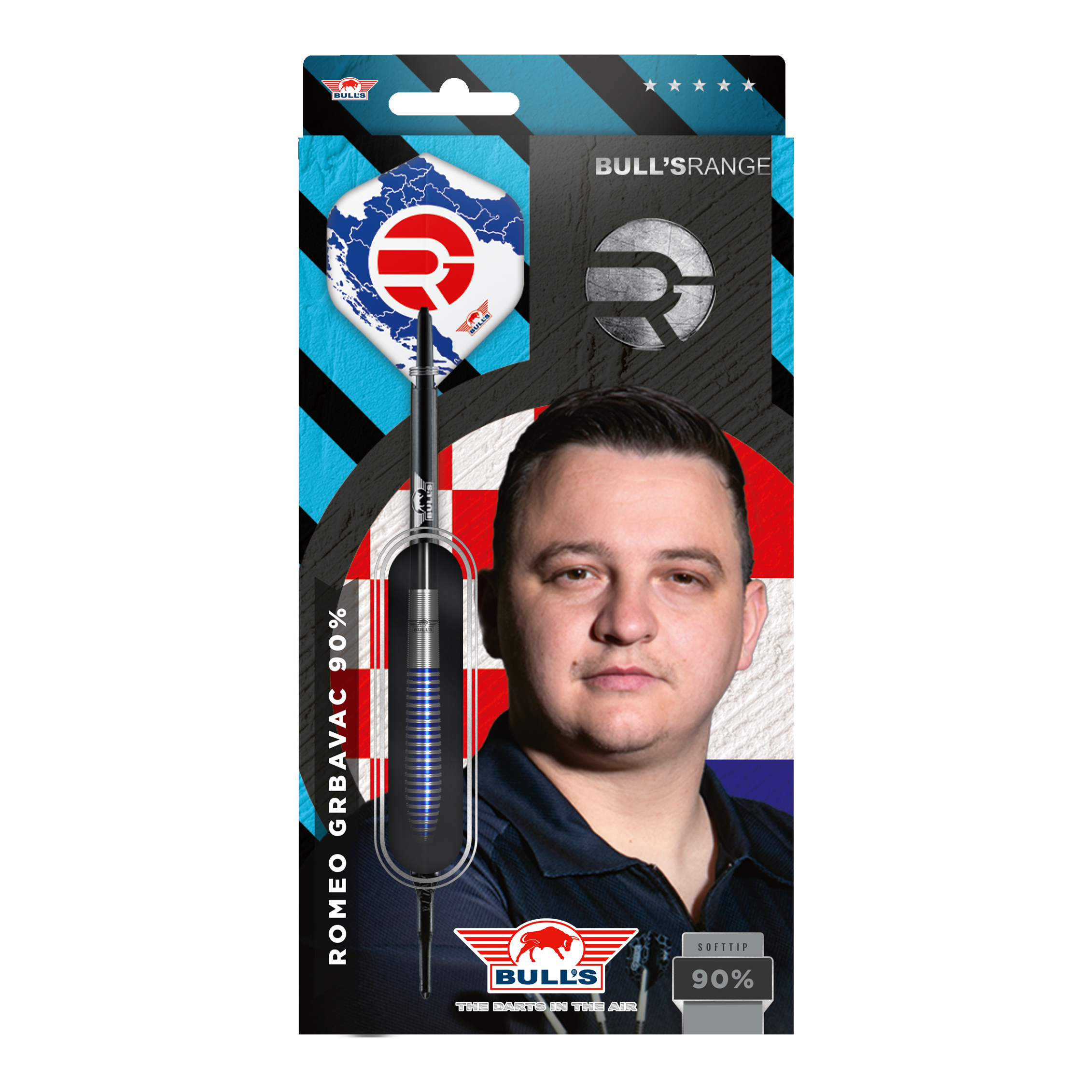 Bulls NL Romeo Grbavac freccette morbide - 19 g Die Verpackung zeigt die Softdarts "Bulls NL Romeo Grbavac" mit einem Gewicht von 19g. Auf der Vorderseite ist auch das Bild eines Mannes und das Logo von Bulls abgebildet.