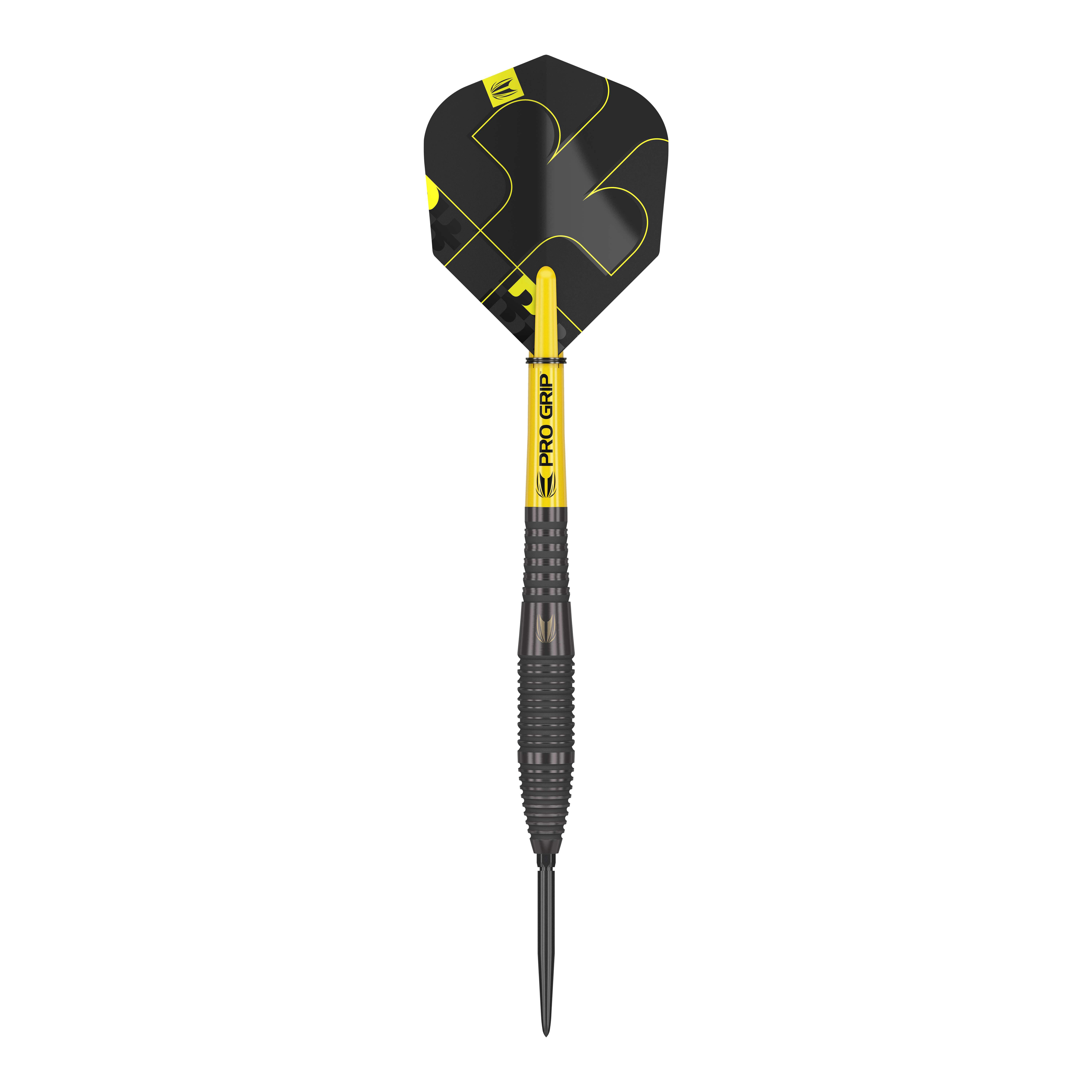 Freccette in acciaio Target Bolide Void 05 Swiss Point Das Bild zeigt einen Target Bolide Void 05 Swiss Point Steeldart. Der Dartpfeil ist überwiegend schwarz mit gelben Akzenten und hat eine strukturierte Griffzone.