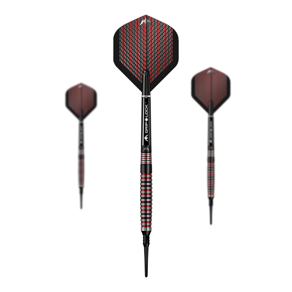 Freccette morbide Mission Red Dawn modello 3 - 20 g Das Bild zeigt drei Softdarts des Modells Mission Red Dawn Model 3 mit einem Gewicht von 20g. Die Darts haben schwarze und rote Flights sowie silberne und rote Griffe.