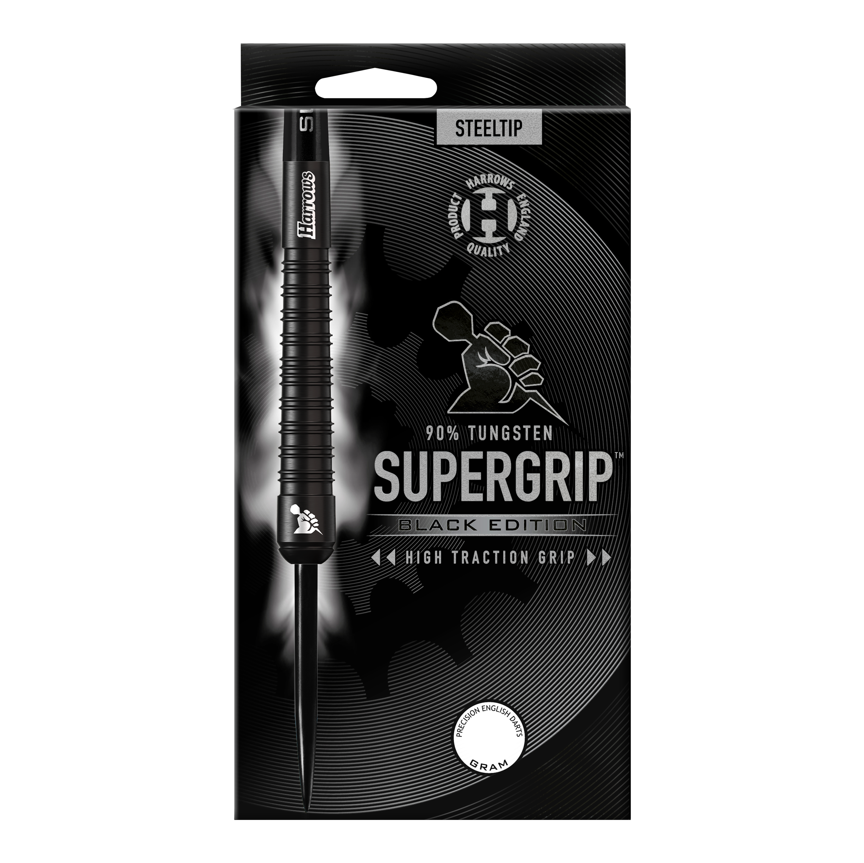 Freccette in acciaio Harrows Supergrip Black Edition Das Bild zeigt die Verpackung der "Harrows Supergrip Black-Edition Steeldarts". Die Verpackung ist schwarz gehalten und hebt die hohe Griffigkeit sowie einen 90%igen Tungsten-Anteil hervor.