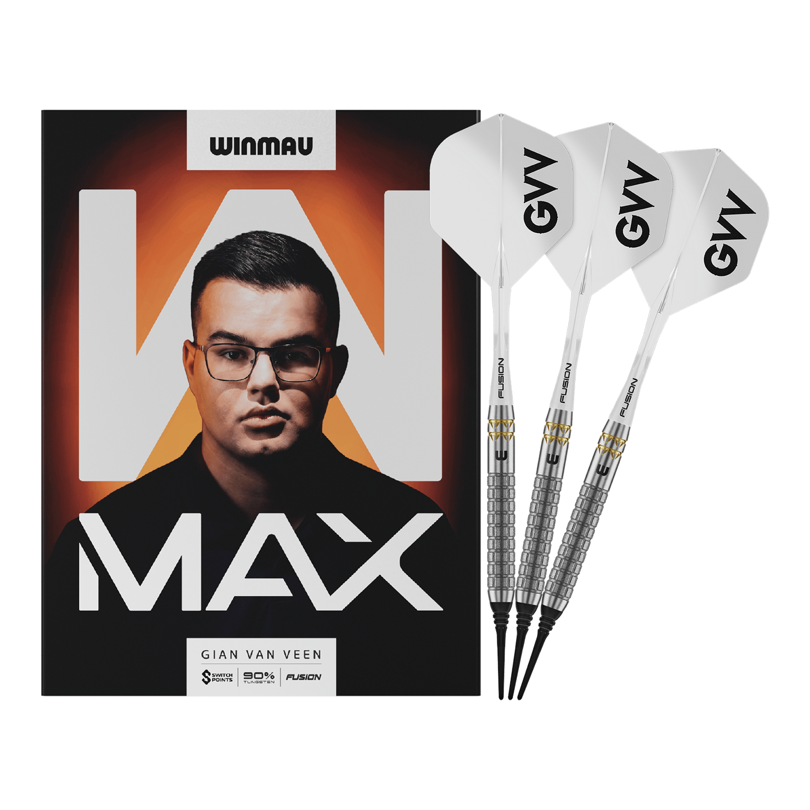 Freccette morbide Winmau Gian Van Veen W-MAX - 18g Winmau Gian Van Veen W-MAX Softdarts - 18g werden vollständig dargestellt. Alle Details der drei Darts sind sichtbar.
