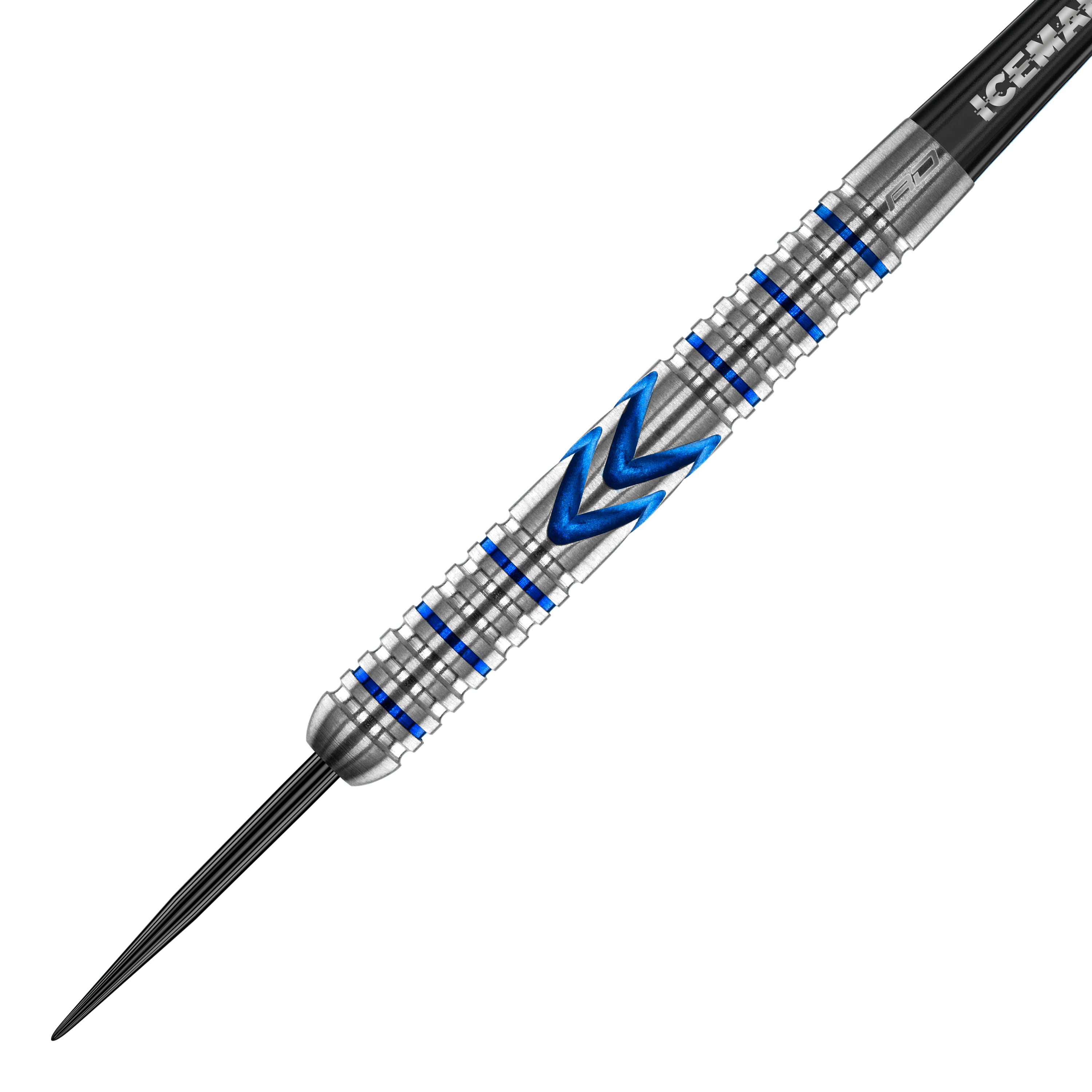 Freccette in acciaio Red Dragon Gerwyn Price Iceman Midnight Edition Das Bild zeigt einen Steeldart mit silberner Oberfläche und blauen Akzenten. In der Mitte befindet sich ein markantes blaues Muster in Pfeilform.