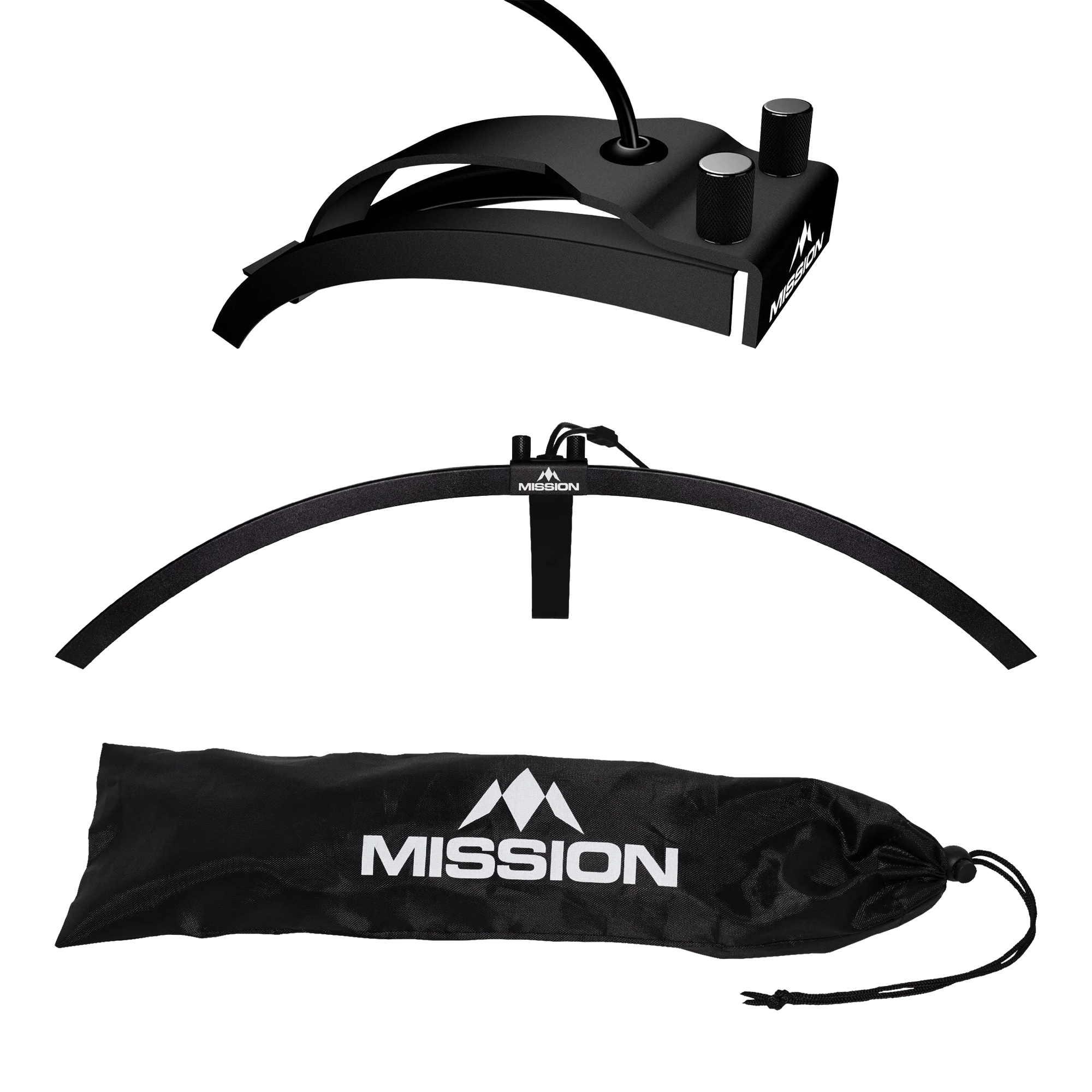 Illuminazione per bersaglio per freccette a LED pieghevole Mission Torus 100 Das Bild zeigt die faltbare LED Dartboard Beleuchtung "Mission Torus 100". Abgebildet sind das Beleuchtungselement, ein Bogen und eine schwarze Transporttasche mit dem Mission-Logo.