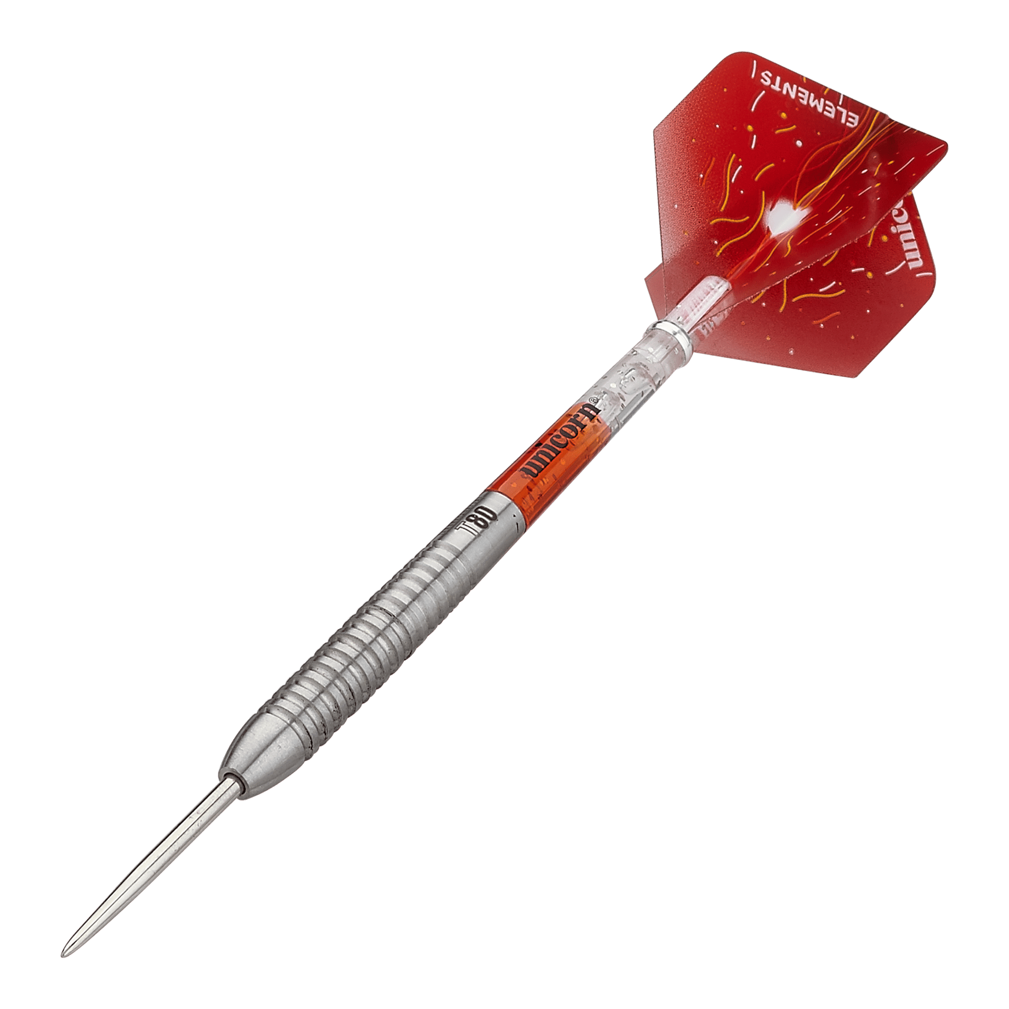 Unicorn Core XL Striker Style 5 freccette in acciaio Das Bild zeigt einen Unicorn Core XL Striker Style 5 Steeldart. Der Dartpfeil hat einen silbernen Schaft und rote Flights mit gelben Mustern.