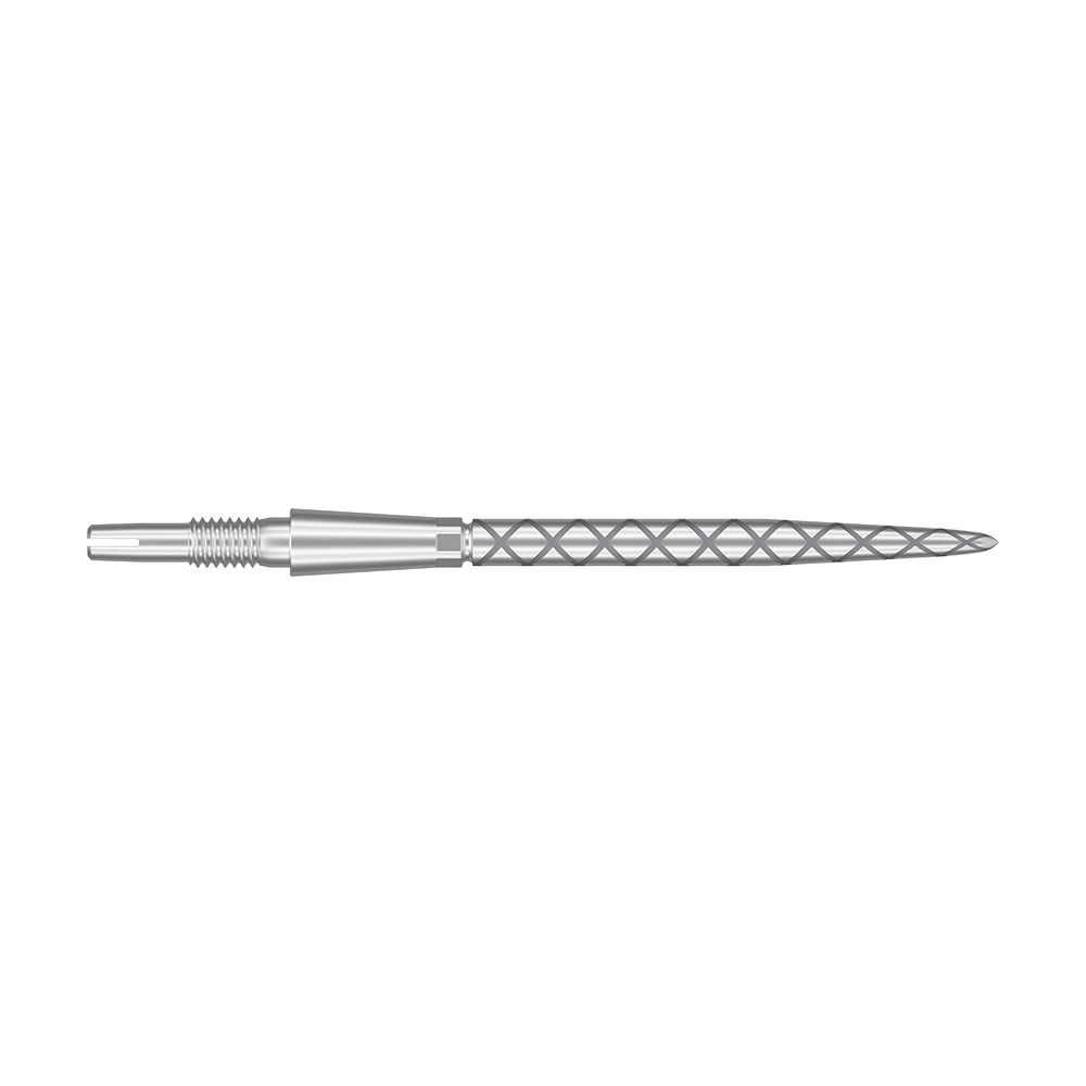 Punte per freccette Target Swiss Storm Diamond Point - Argento Das Bild zeigt eine silberne Dartspitze mit einem rautenförmigen Muster. Die Spitze ist lang und schmal, mit feinen Rillen für besseren Halt.