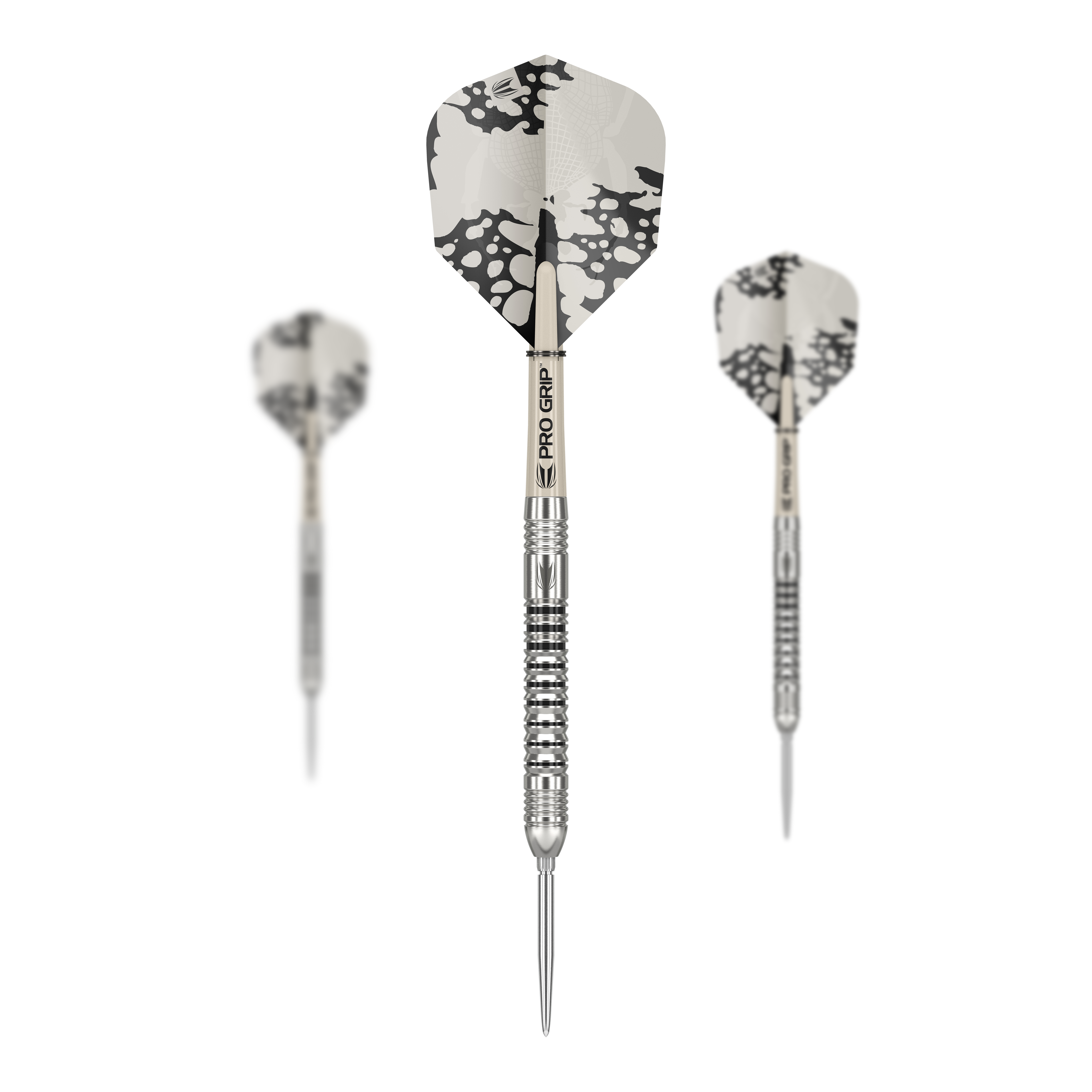 Freccette in acciaio Target EXO SP03 Swiss Point Das Bild zeigt drei Steeldarts des Modells 'Target EXO SP03 Swiss Point'. Die Darts haben silberne Spitzen und einen schwarz-weißen Flug mit auffälligem Muster.