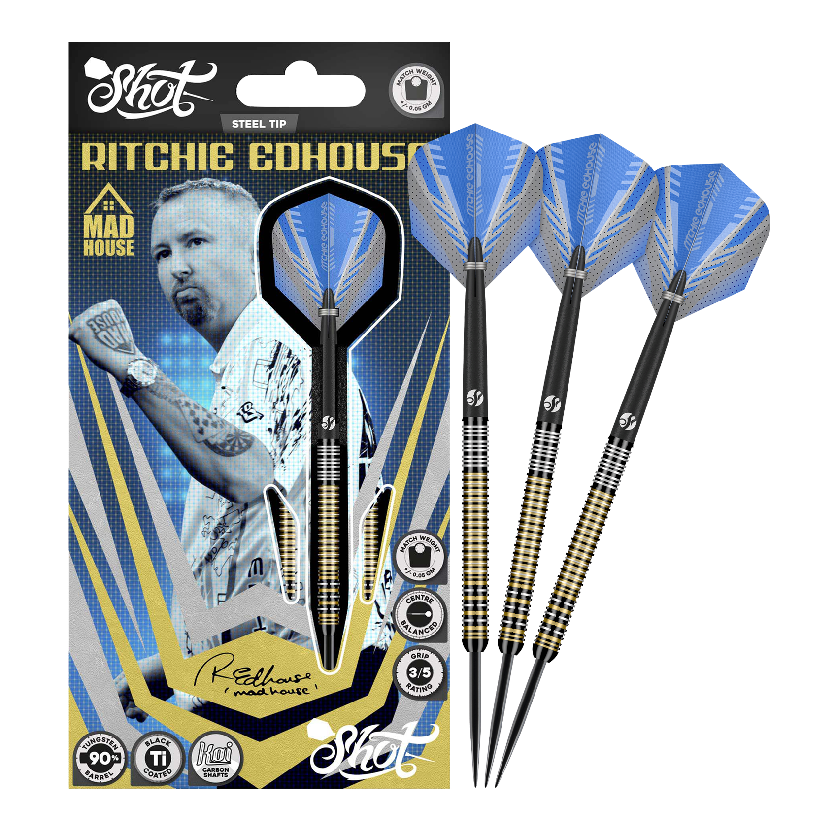 Shot Ritchie Edhouse Madhouse freccette d'acciaio Das Bild zeigt die Shot Ritchie Edhouse Madhouse Steeldarts in voller Ansicht. Diese Darts zeichnen sich durch ihr einzigartiges Design aus.