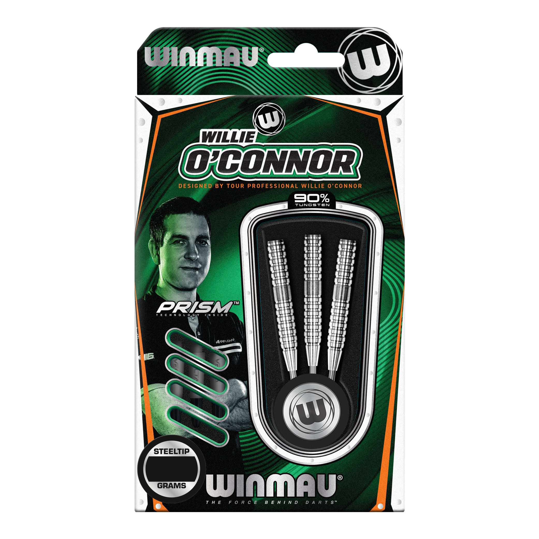 Freccette in acciaio Winmau Willie O'Connor - 23 g Die Verpackung zeigt die Winmau Willie O’Connor Steeldarts mit einem Gewicht von 23 Gramm. Im Inneren sind drei silberne Steeldarts zu sehen.