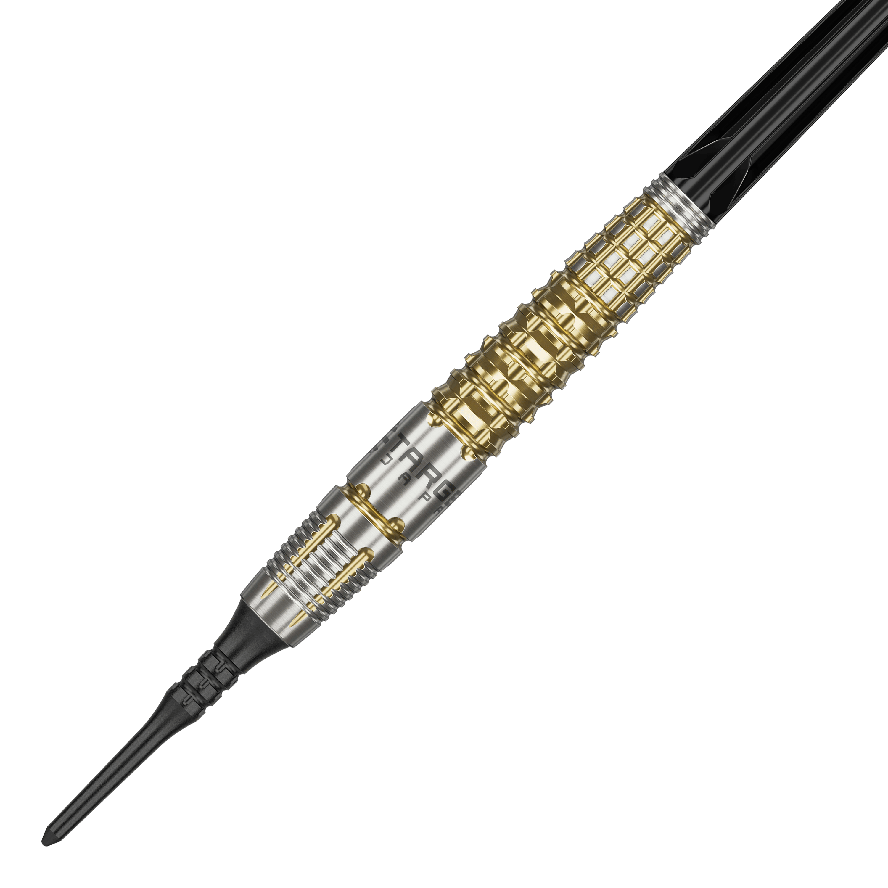 Freccette morbide Target Japan Black Marque Warrior - 18,5 g Das Bild zeigt einen Softdart namens "Target Japan Black Marque Warrior" mit einem Gewicht von 18,5g. Der Dart hat ein auffälliges Design mit goldenen und silbernen Elementen sowie einer schwarzen Spitze.