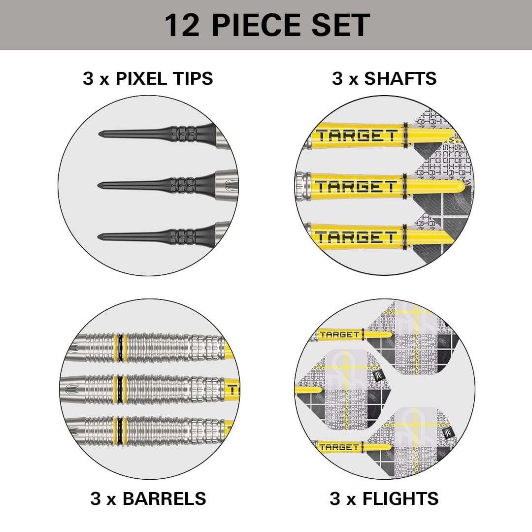 Freccette morbide Target Scott Williams GEN2 - 18 g Das Bild zeigt ein 12-teiliges Softdart-Set mit dem Namen "Target Scott Williams GEN2 Softdarts - 18g". Es enthält 3 Pixelspitzen, 3 Schäfte, 3 Barrels und 3 Flights.