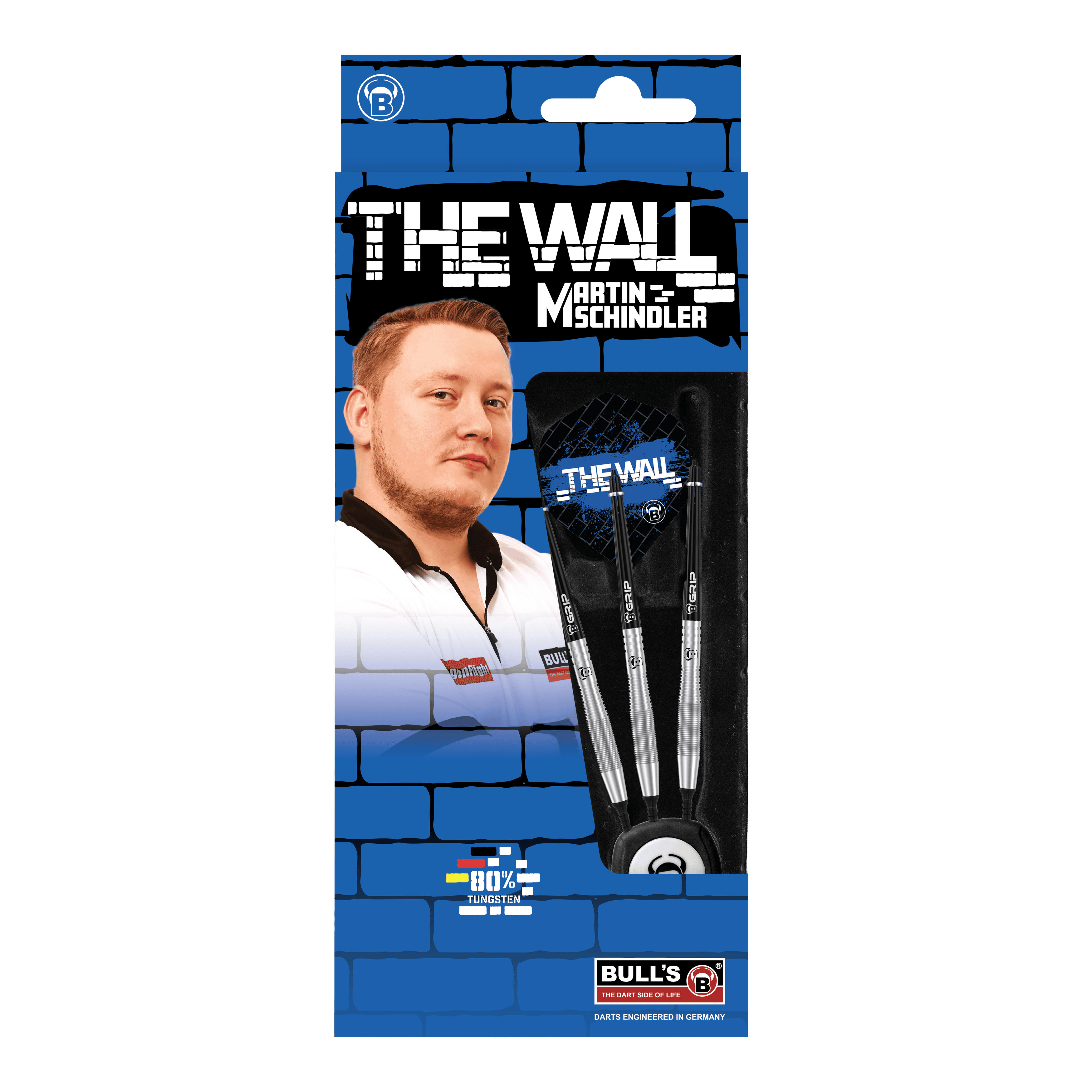Freccette morbide Bulls Martin Schindler TW80 - 18 g Die Abbildung zeigt die Produktverpackung der "Bulls Martin Schindler TW80 Softdarts - 18g". Auf der Verpackung ist ein Bild von Martin Schindler sowie drei Softdarts und das Logo von BULL'S zu sehen.