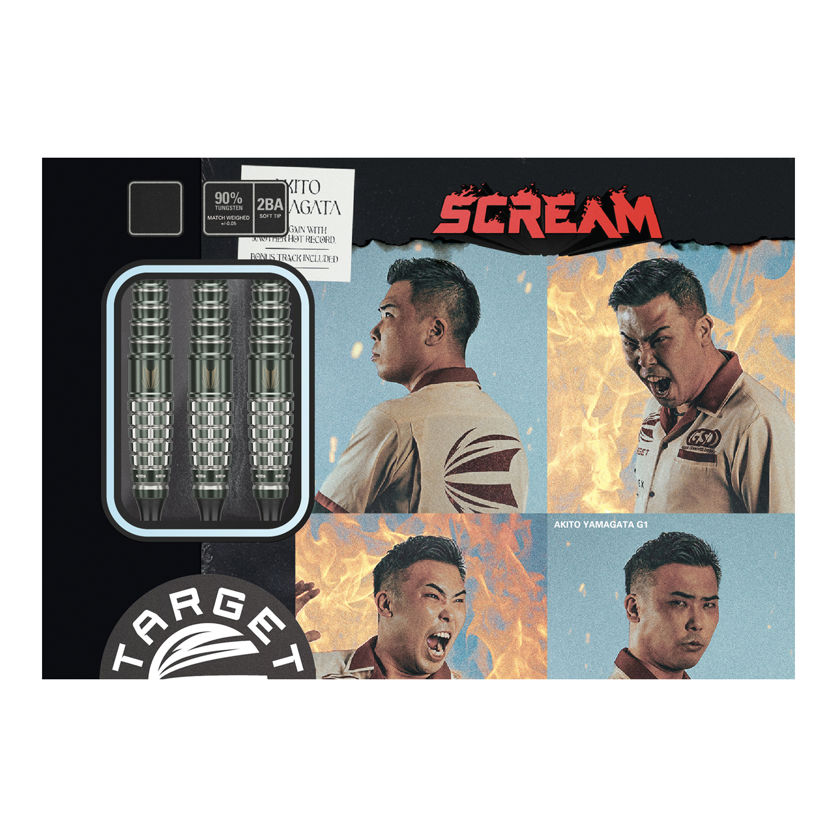 Target Japan Akito Yamagata Scream GEN1 Freccette morbide - 19 g Das Bild zeigt die Verpackung der Target Japan Akito Yamagata Scream GEN1 Softdarts - 19g. Auf der Verpackung sind drei Darts sowie vier ausdrucksstarke Porträtfotos einer Person zu sehen.