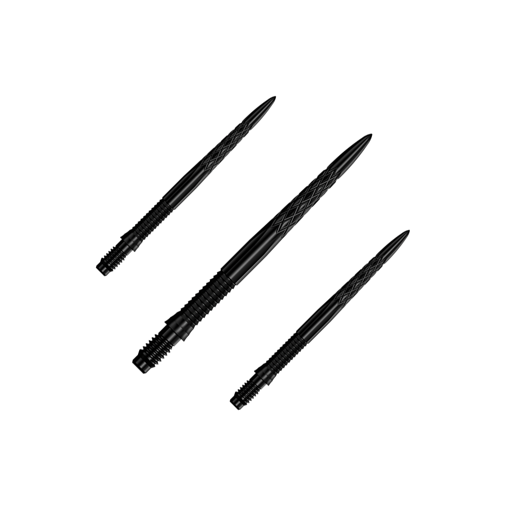 Das Bild zeigt ein Set von schwarzen Dartspitzen, 30 mm lang. Die Dartspitzen sind zusammen gruppiert dargestellt.