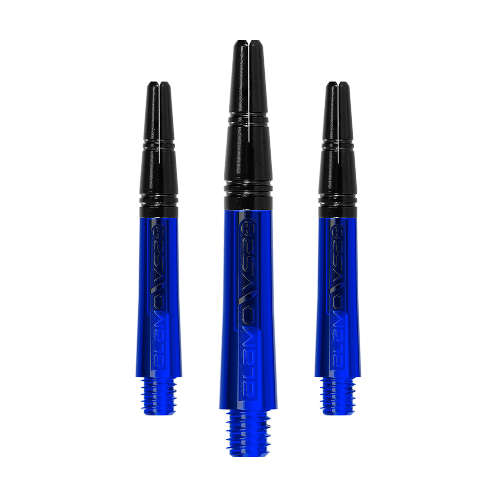 Alberi Alamo VS2 di Harrow - Blu Das Bild zeigt drei blaue Dartschäfte mit schwarzem oberen Teil. Sie sind nebeneinander angeordnet und haben ein glänzendes Design.