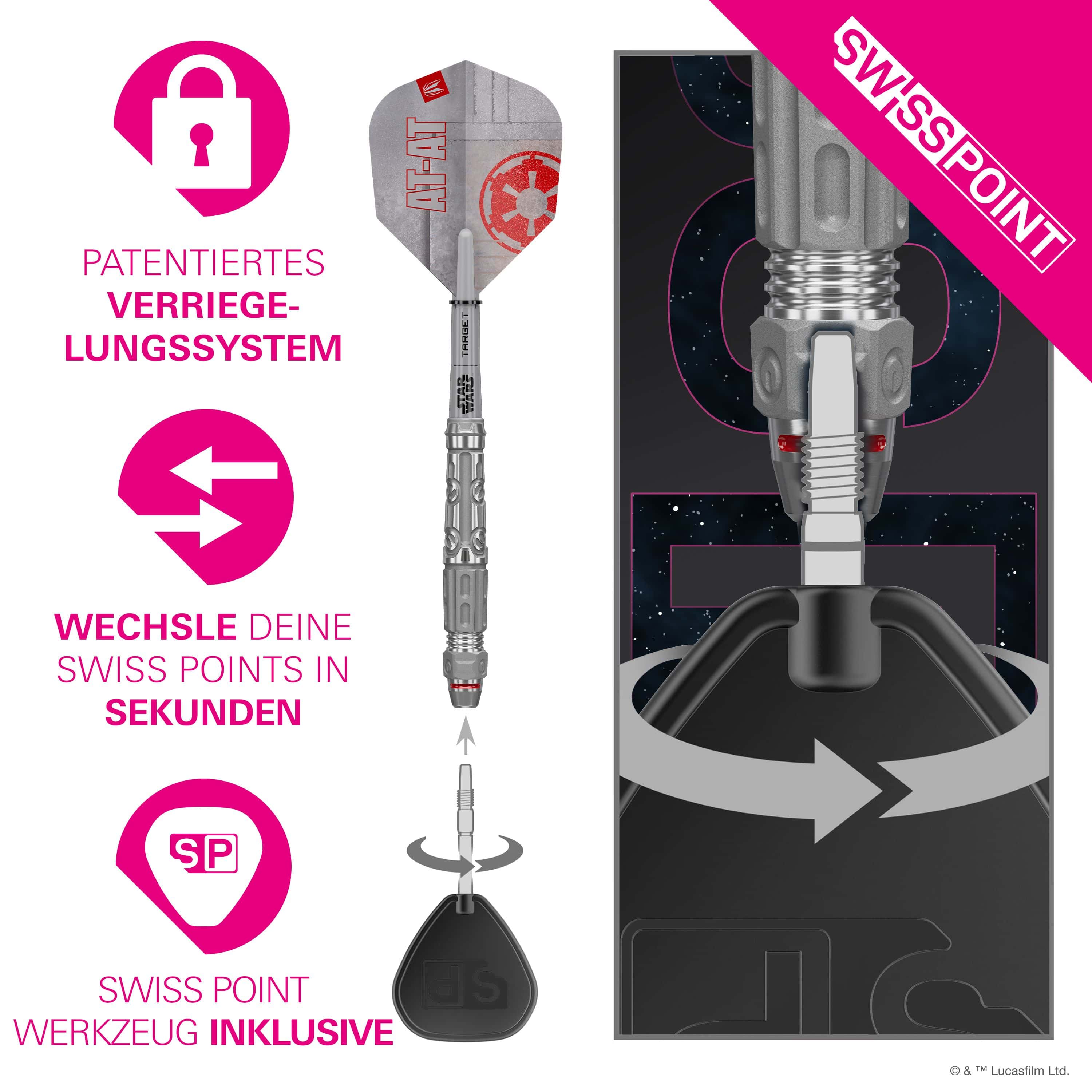 Dardi in acciaio Swiss Point a punta, bersaglio Star Wars AT-AT Hier sind die Target Star Wars AT-AT Swiss Point Steeldarts abgebildet. Die Darts haben ein einzigartiges Design aus dem Star Wars Universum.