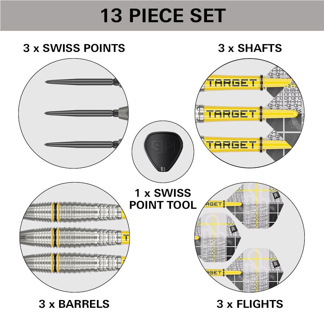 Freccette in acciaio Target Scott Williams GEN2 Swiss Point Dieses Bild zeigt das 13-teilige Target Scott Williams GEN2 Swiss Point Steeldarts Set. Es enthält 3 Swiss Points, 3 Shafts, 3 Barrels, 3 Flights und 1 Swiss Point Tool.