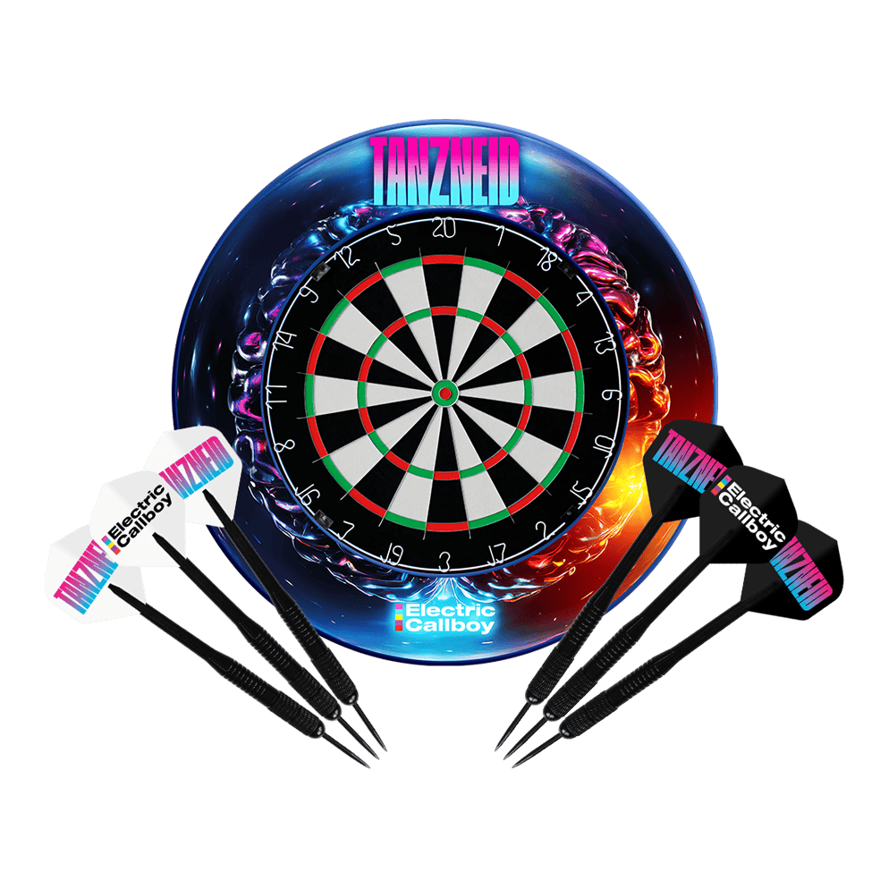 Set completo di freccette elettriche Callboy Tanzneid in acciaio e supporto. Gezeigt wird das Electric Callboy Tanzneid Steeldartboard und Surround Bundle. Das Set beinhaltet eine Dartscheibe und Umrandung.