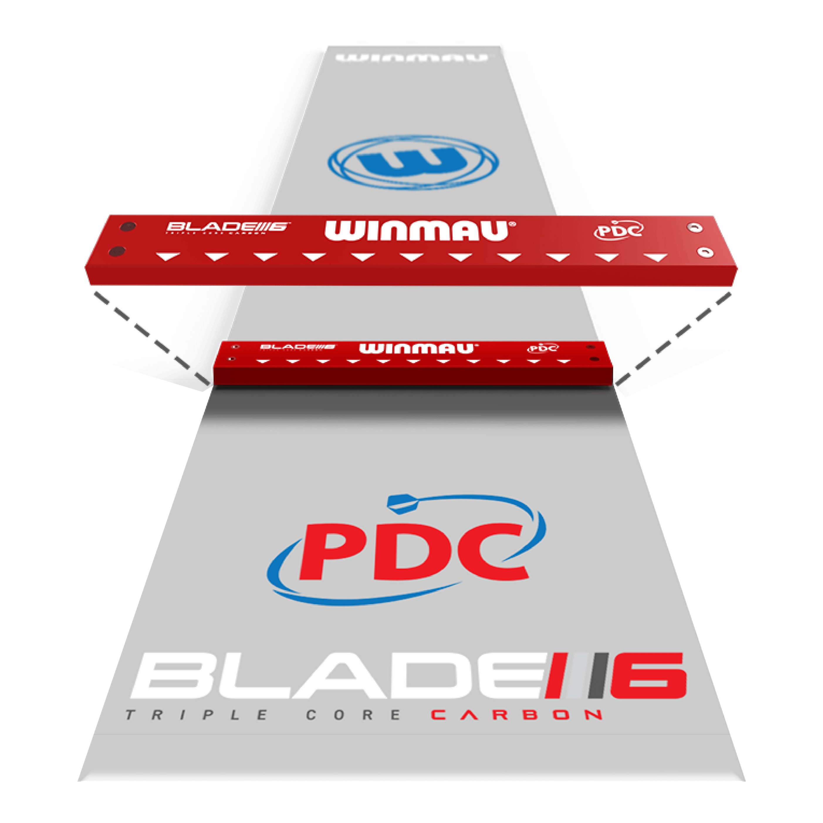 Tappetino per freccette in PVC Winmau Clearzone con oche Das Bild zeigt die "Winmau Clearzone PVC Dartmatte mit Oche". Auf der Matte sind die Logos von Winmau, PDC und Blade 6 zu sehen.